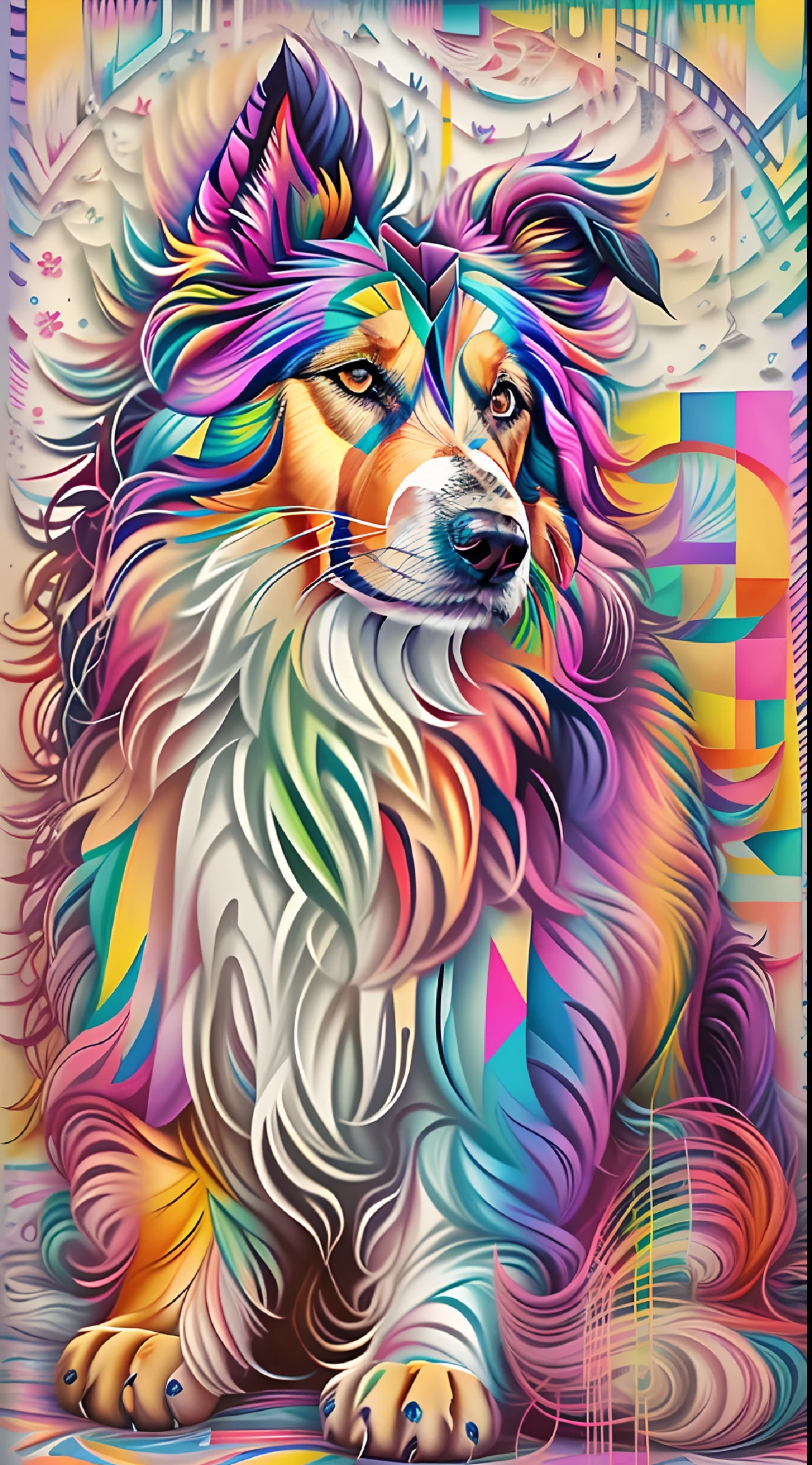 (Rough Collie Dog, perfil ),(melhor pose),(best angle), (better expression), Eduardo Kobra acolchoamento ,multidimensional geometric wall PORTRAIT, arte, Chibi,
Yang08k, lindo, Colouring,
Primary works, qualidade superior, melhor qualidade, Arte Oficial, Beautiful and Aesthetic, pelos coloridos,