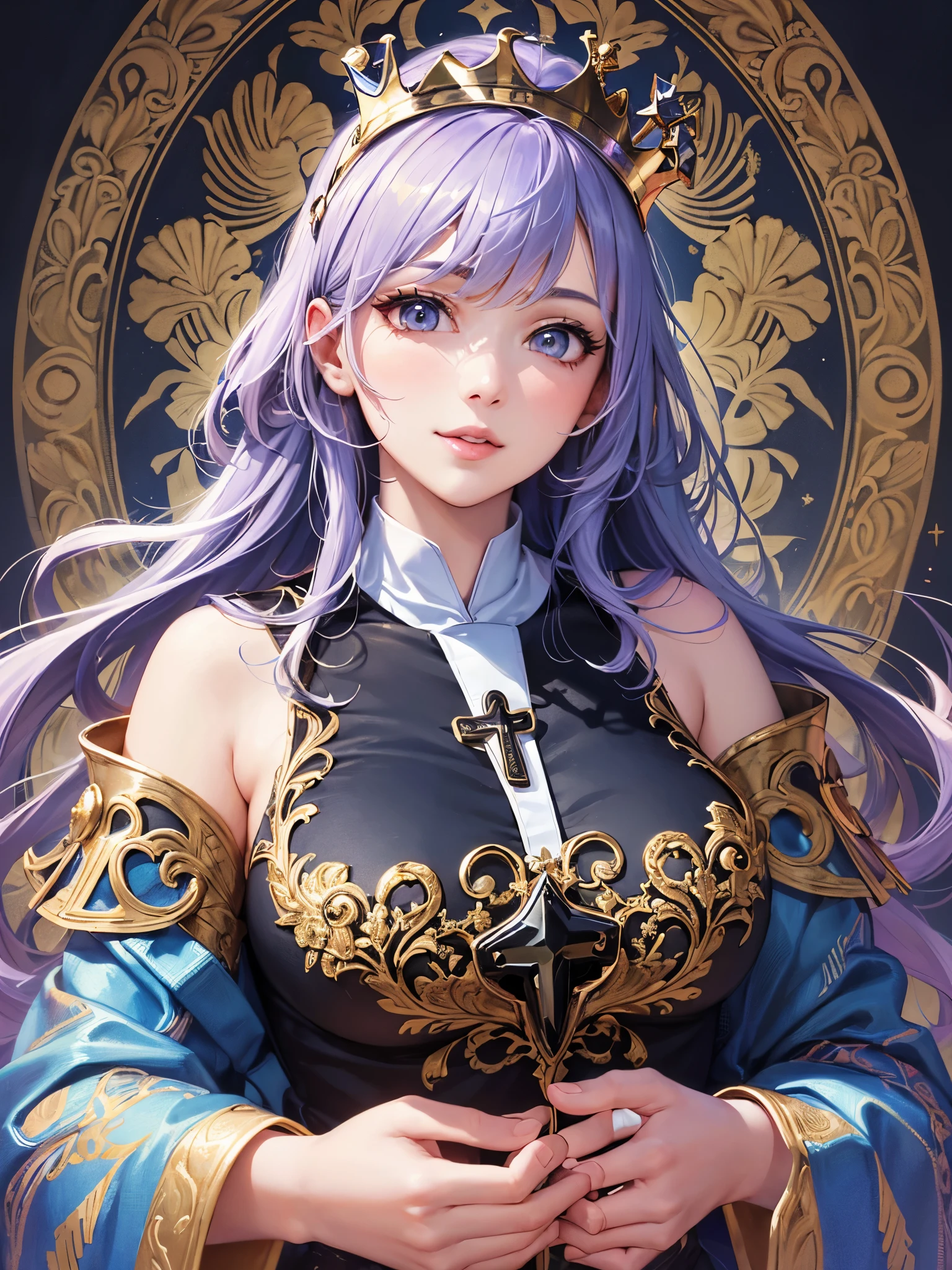 ((highest quality)),(ultra high resolution),(Super detailed),(detailed description),((best CG)),(best work of art),super precision art,amazing drawing art,(Fantasy art with precise details:1.5), (1 female pope:1.5),(beautiful and well-shaped face:1.5),Eyes full of compassion:1.5,A smile that gives peace of mind:1.5,(Bright eyes:1.5),(shiny hair:1.6),(A detailed silk robe:1.6),,((A luxurious episcopal crown with intricate details:1.6)),:1.4,rosary around the neck:1.3,