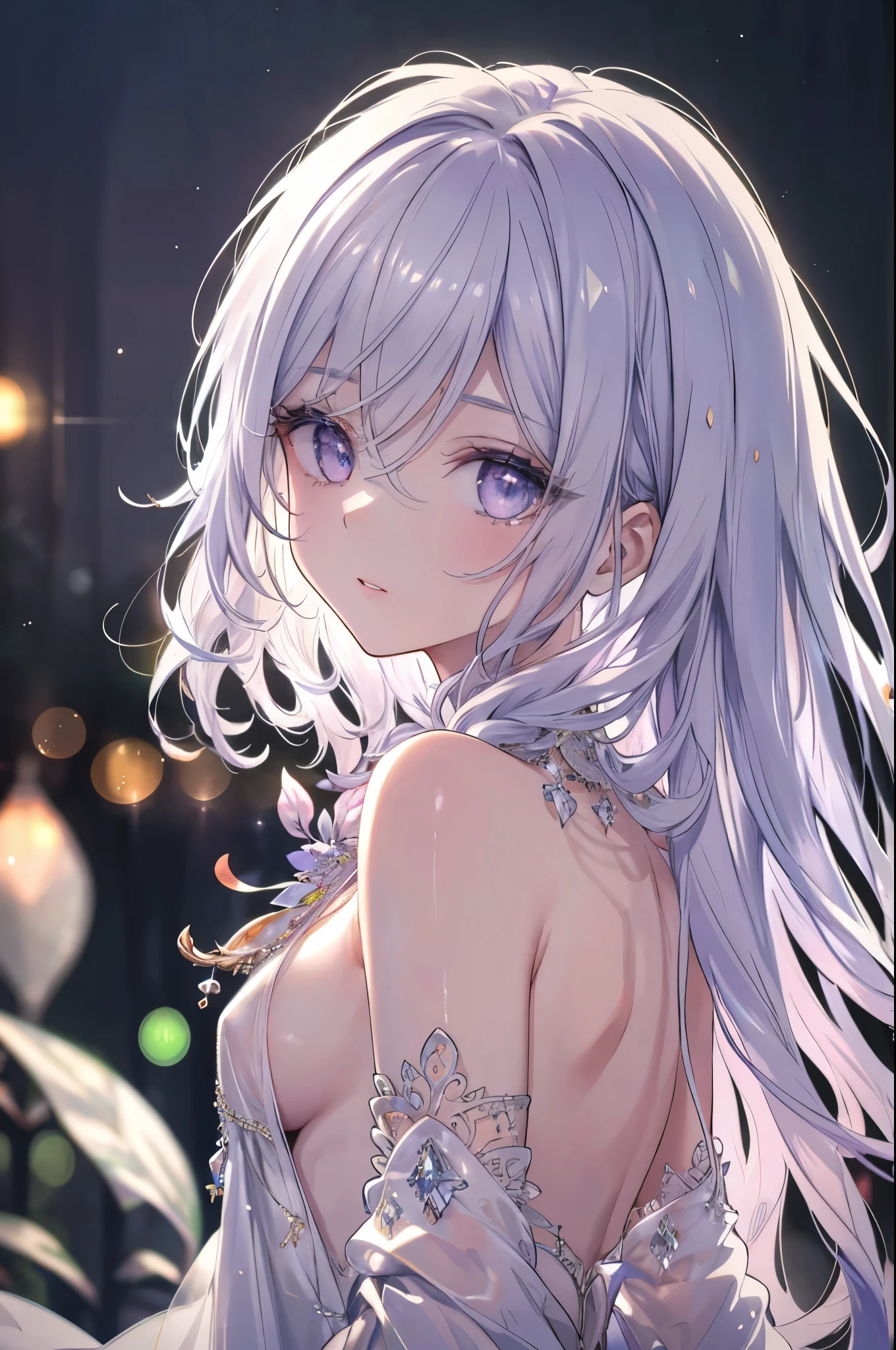 High definition RAW color art, Animation,sculptures, Silver Marble Skin, (((Ultra detailed elegant))), Magical atmosphere, Detailed skin, Texture,(Intricately detailed, Fine detail, ultra-detail art), depth of fields, Bokeh, Silky Touch, Hyper Detail, white background, (pastel purple), beautiful eyes, elegant face, surprised face, looking back, (view from above:1.1), upper body, nipple slip from side