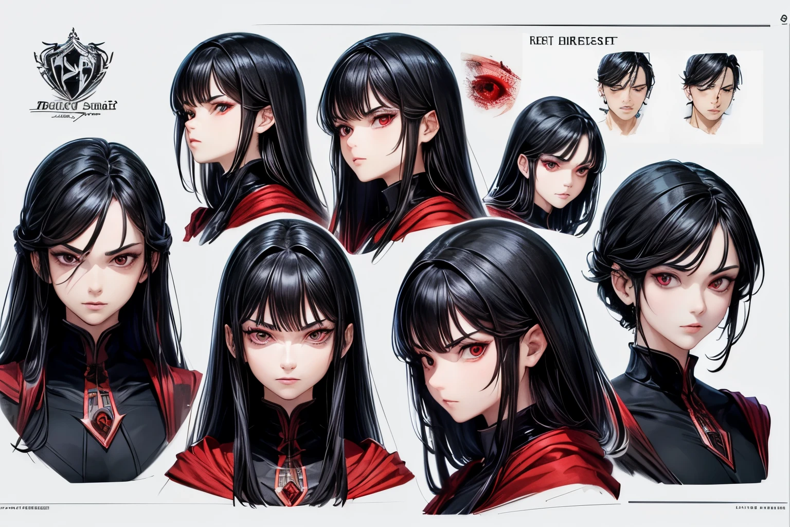 ((best quality)), ((work of art)), (detailed), perfect face, model sheet, black hair, red eyes, villain, serious expression,