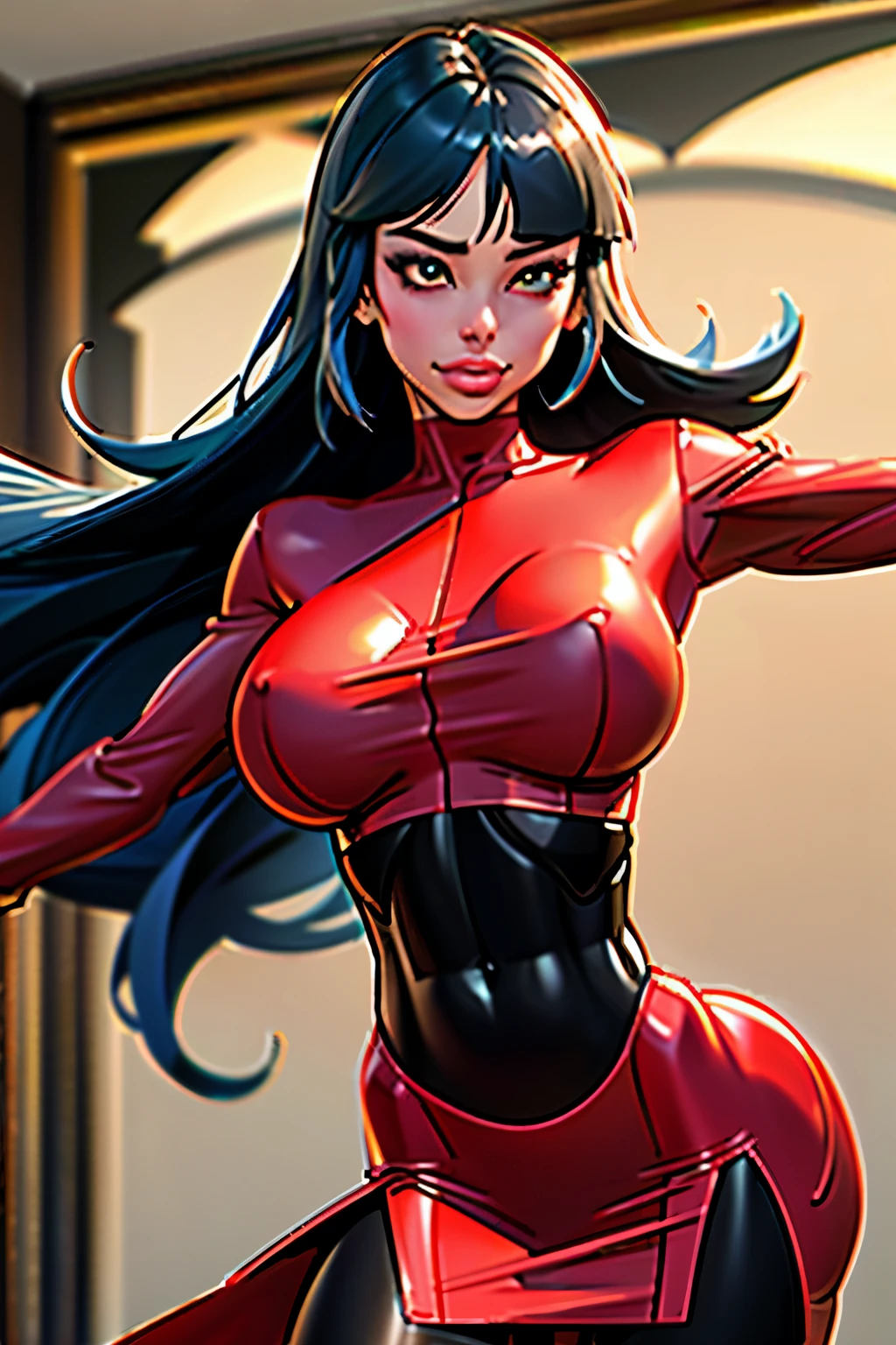 (best quality,4k,8k,highres,masterpiece:1.2),ultra-detailed,(realistic,photorealistic,photo-realistic:1.37),HDR,UHD, ((sabrina)), serious face, character, studio lighting,ultra-fine painting,sharp focus,physically-based rendering,extreme detail description,professional,(lavender hair), (gigantic breasts), long hair, ((red suit)), ((red skirt)), gloves, frlgsabrina, (blunt bangs), very long hair, red crop top, red sleeves, red skirt, white gloves, black pantyhose, vivid colors,bokeh,portraits,soft colors,warm lighting,glowing skin,delicate features,expressive eyes,sensual lips,flawless complexion,subtle makeup,feminine posture,ethereal atmosphere,dreamy summer vibes,golden hour lighting,flowing dress,gentle breeze,warm sunlight,playful smile,graceful movement,seamless integration between subject and background,subtle texture,filmic aesthetic,romantic mood,elaborate hairstyles,graceful gestures,curve-hugging outfit,vibrant color palette,soft focus,romantic ambiance,inside chambers,stone architecture,beautifully adorned columns,timeless setting.