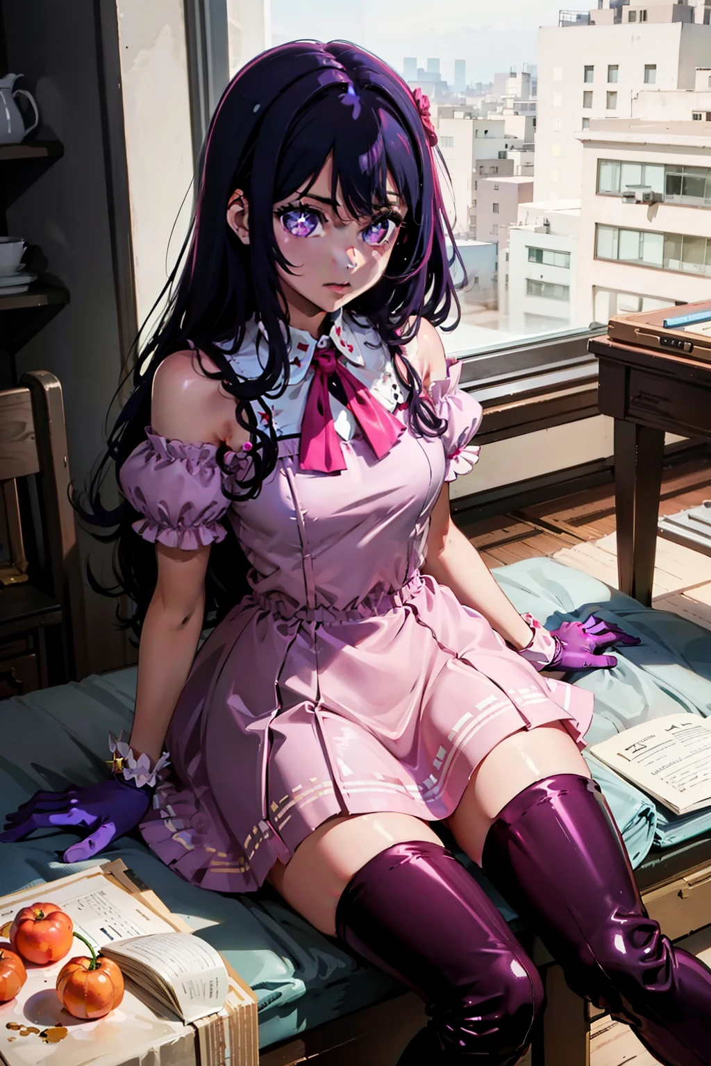 (masterpiece:1.2), highres, best quality, 8k, very clear, 1girl, solo, Hoshino Ai, symbol-shaped pupils, star-shaped pupils, purple eyes, sparkling eyes, purple hair, long hair,  ornament, pink dress, collared shirt, pink gloves, puffy short sleeves, bare shoulders, pink skirt, pink boots, thigh boots, thighhighs,,