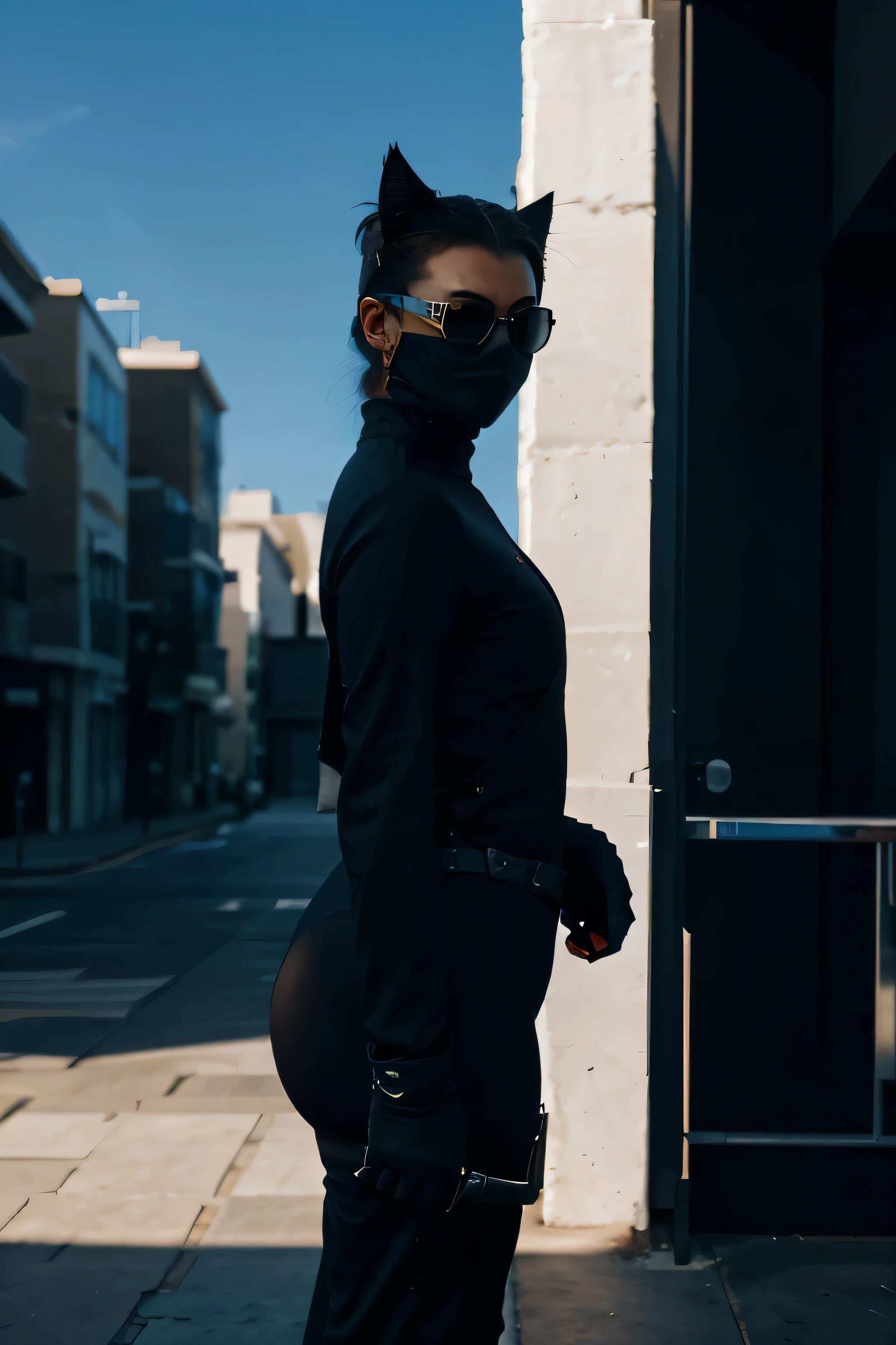 angle view , distance from view, a long distance away from the camera, Silhouette, Distant figure, Outline, Vague shape, Distant landmark, Distant person, Small figure, Far-off person, Minimal detail, Figure in the distance, a ((A stylish fierce ninja cat with sunglasses)) , adorned in a heavy suit of armor, stands tall against a vibrant blue background. Its piercing gaze is enhanced by a pair of sleek glasses, giving off strong NFT vibes.