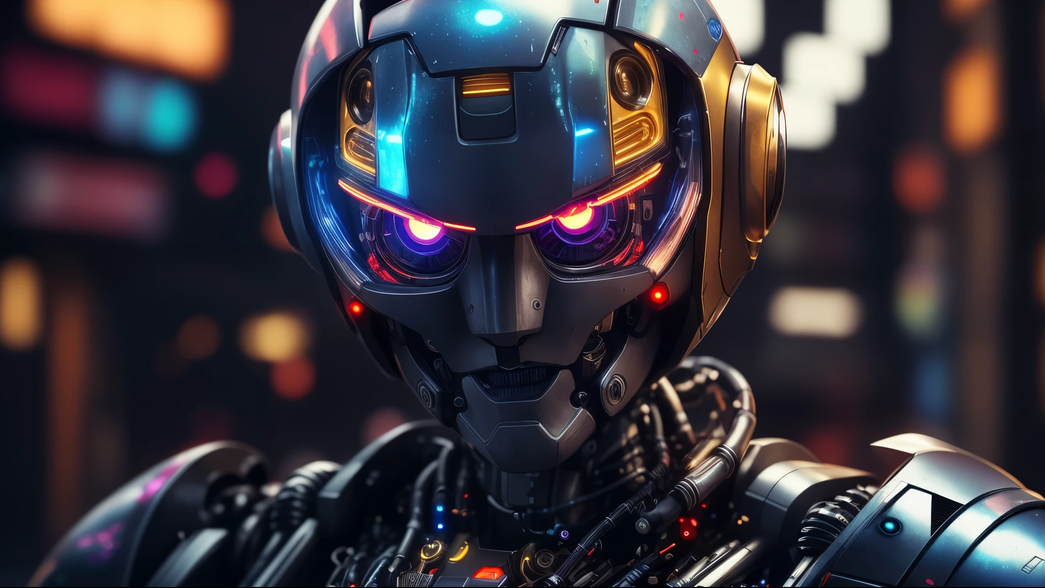 a close up of a robot with glowing eyes and a metal body, cyberpunk art ultrarealistic 8k, 4k highly detailed digital art, cinematic 4k wallpaper, cinematic 4 k wallpaper, 4 k cinematic octane render, portrait of a futuristic robot, attractive sci - fi face, hq 4k wallpaper, trending on artstation 4k, cinematic 4k octane render