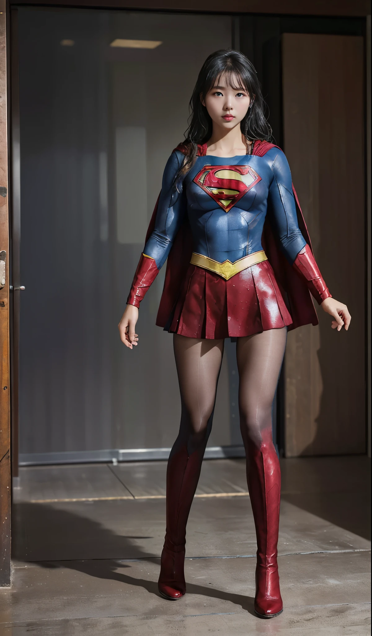 no background、(((Wear black tights on your beautiful legs.)))、(((Legally Express Your Suffering Beauty)))、((((Make the most of your original images)))、(((supergirl costume)))、(((beautiful hair)))、(((suffering)))、(((Black tights must be worn on the legs)))、(((must wear red boots)))、((best image quality、8K))、((highest quality、8K、masterpiece:1.3))、(((keep background )))、sharp focus:1.2、beautiful woman with perfect figure:1.4、thin abs:1.2、wet body:1.5、Highly detailed face and skin texture、8K