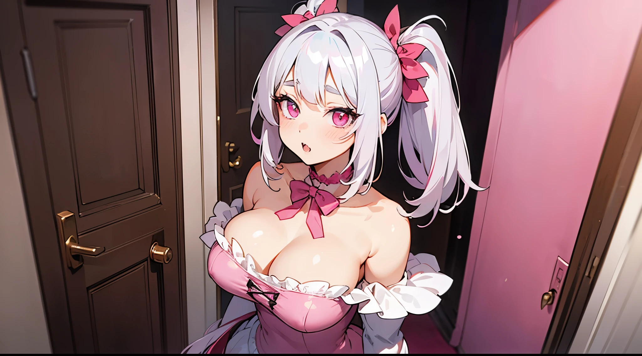 one girl, very beautiful face, beautiful eyes, detailed eyes, detailed face, detailed hair, masterpiece, anime girl, pink eyes, silver hair, , kawaii, two pony tails, very young, big , pixiv, illustration, very high quality, masterpiece, vampire teeth, fangs, pink cheeks, looks at you, pout, wearing red, at your door, standing at your door, shy, hot, sexy, breast in tight dress, tight dress, shoulders off dress