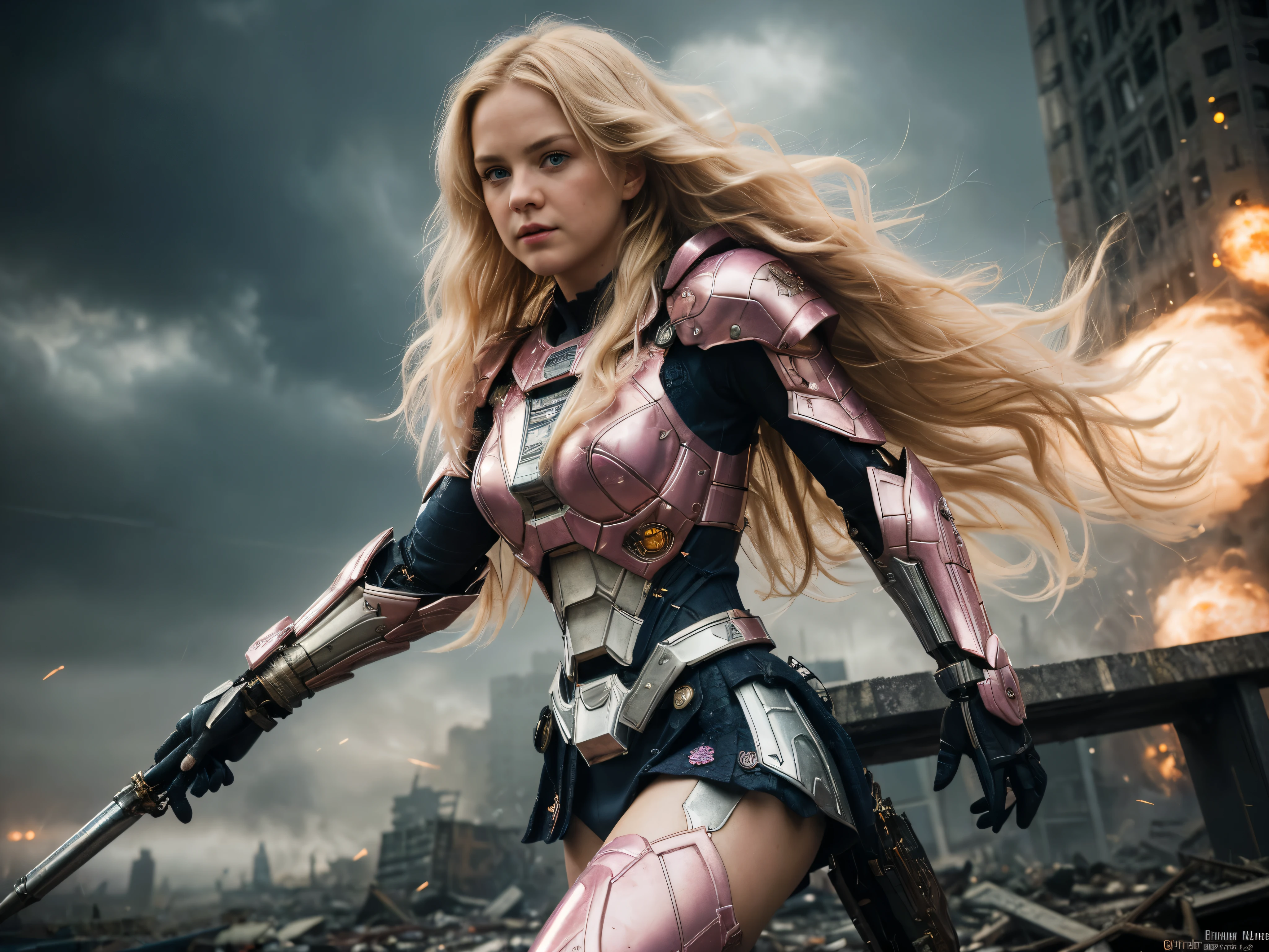 (best quality,4k,8k,highres,masterpiece:1.2),ultra-detailed,(realistic,photorealistic,photo-realistic:1.37),A hero from another world,cute blond,beautiful detailed eyes,beautiful detailed lips,extremely detailed eyes and face,long eyelashes,pink lace,mecha,space,hot,full length,shiny armor,glowing energy sword,heroic pose,futuristic setting,vibrant colors,celestial background,cosmic lighting,adventure,fearless,protecting the universe, head to toe, full length picture