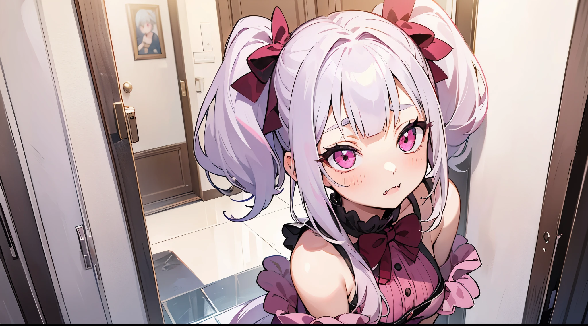 one girl, very beautiful face, beautiful eyes, detailed eyes, detailed face, detailed hair, masterpiece, anime girl, pink eyes, silver hair, , kawaii, two pony tails, very young, big , pixiv, illustration, very high quality, masterpiece, vampire teeth, fangs, pink cheeks, looks at you, pout, wearing red, at your door, standing at your door, shy, hot, sexy, breast in tight dress, tight dress, shoulders off dress