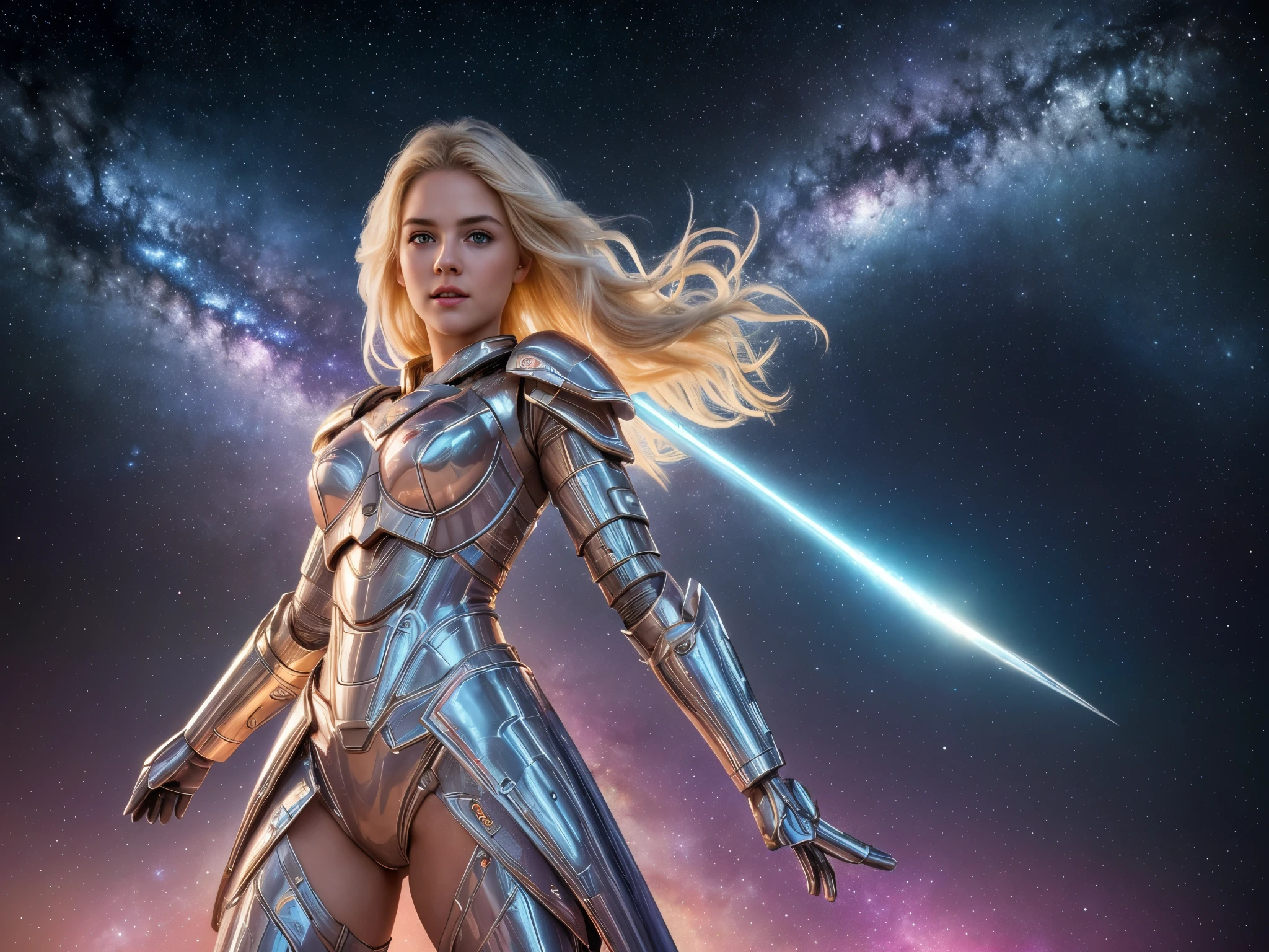 (best quality,4k,8k,highres,masterpiece:1.2),ultra-detailed,(realistic,photorealistic,photo-realistic:1.37),A hero from another world,cute blond,beautiful detailed eyes,beautiful detailed lips,extremely detailed eyes and face,long eyelashes,pink lace,mecha,space,hot,full length,shiny armor,glowing energy sword,heroic pose,futuristic setting,vibrant colors,celestial background,cosmic lighting,adventure,fearless,protecting the universe, head to toe, full length picture