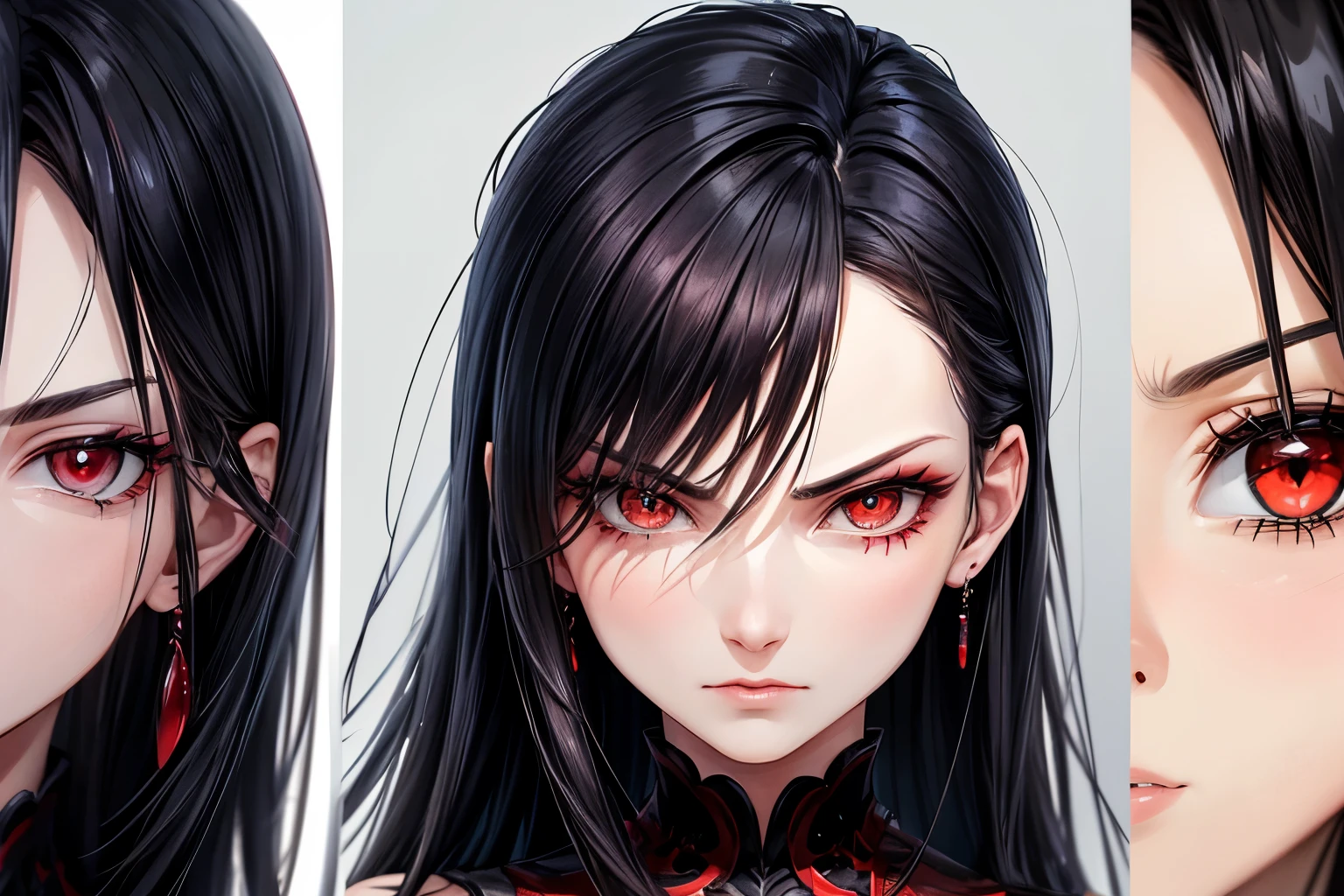 ((best quality)), ((work of art)), (detailed), perfect face, model sheet, black hair, red eyes, villain, serious expression,