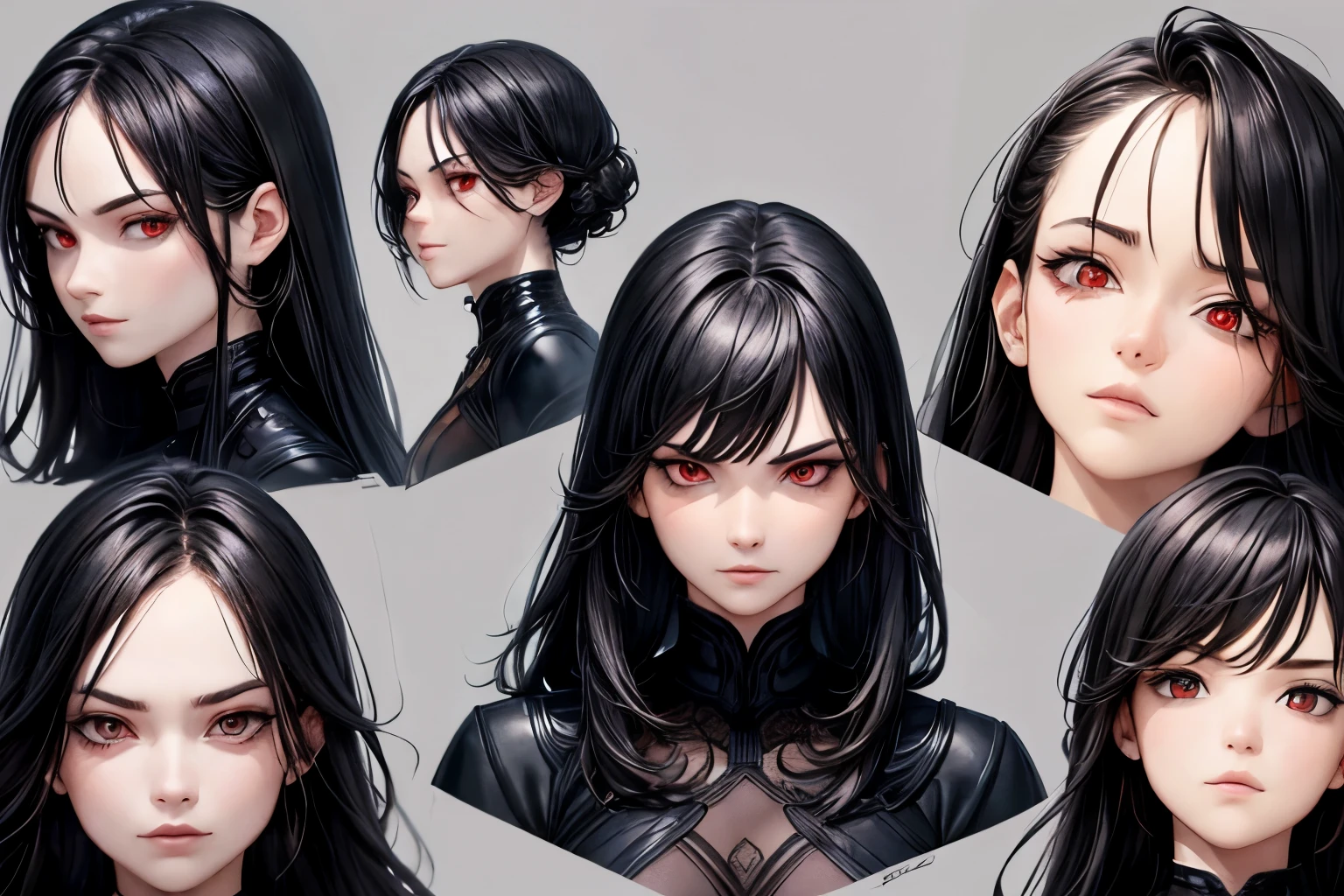 ((best quality)), ((work of art)), (detailed), perfect face, model sheet, black hair, red eyes, villain, serious expression,