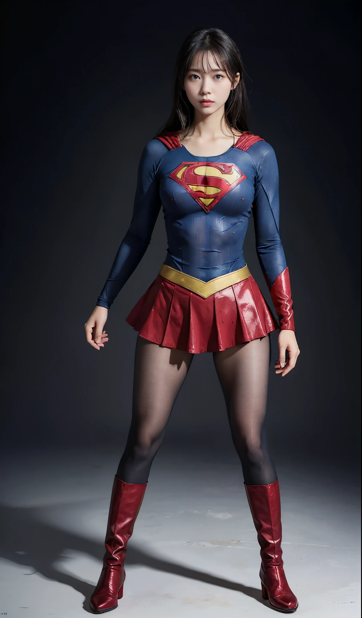 no background、(((Wear black tights on your beautiful legs.)))、(((Legally Express Your Suffering Beauty)))、((((Make the most of your original images)))、(((supergirl costume)))、(((beautiful hair)))、(((suffering)))、(((Black tights must be worn on the legs)))、(((must wear red boots)))、((best image quality、8K))、((highest quality、8K、masterpiece:1.3))、(((keep background )))、sharp focus:1.2、beautiful woman with perfect figure:1.4、thin abs:1.2、wet body:1.5、Highly detailed face and skin texture、8K