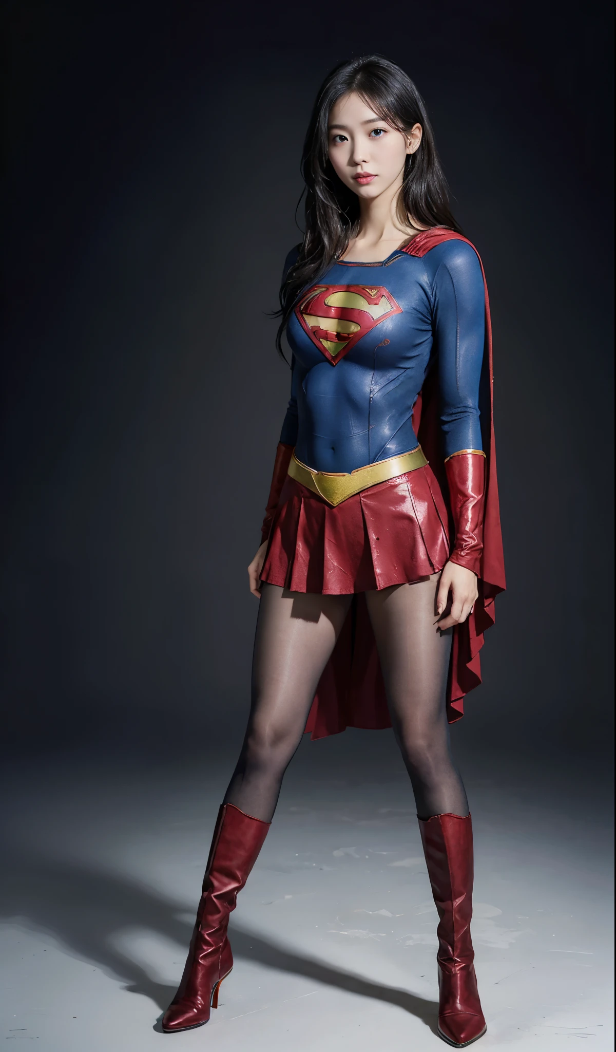 no background、(((Wear black tights on your beautiful legs.)))、(((Legally Express Your Suffering Beauty)))、((((Make the most of your original images)))、(((supergirl costume)))、(((beautiful hair)))、(((suffering)))、(((Black tights must be worn on the legs)))、(((must wear red boots)))、((best image quality、8K))、((highest quality、8K、masterpiece:1.3))、(((keep background )))、sharp focus:1.2、beautiful woman with perfect figure:1.4、thin abs:1.2、wet body:1.5、Highly detailed face and skin texture、8K