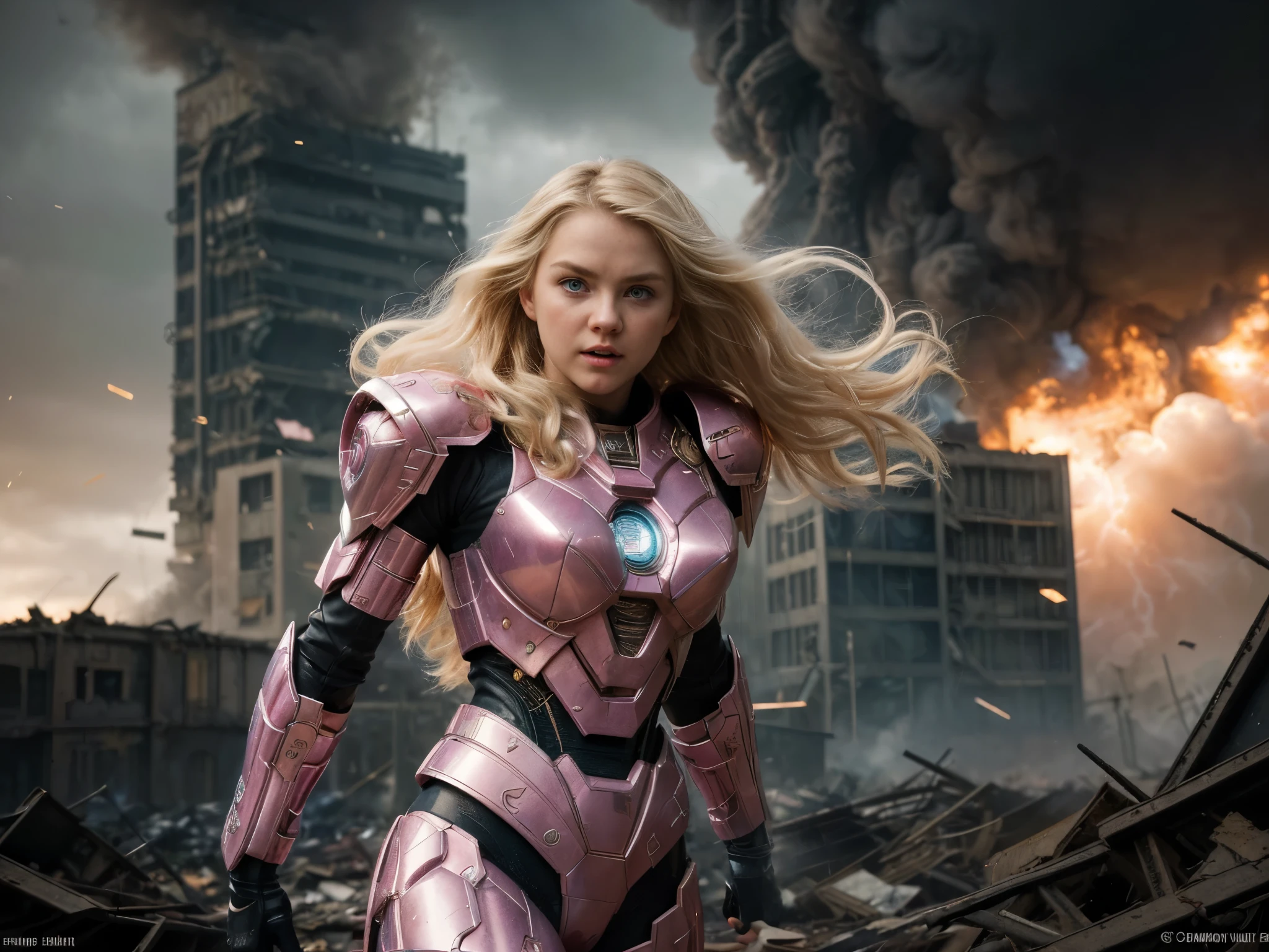 (best quality,4k,8k,highres,masterpiece:1.2),ultra-detailed,(realistic,photorealistic,photo-realistic:1.37),A hero from another world,cute blond,beautiful detailed eyes,beautiful detailed lips,extremely detailed eyes and face,long eyelashes,pink lace,mecha,space,hot,full length,shiny armor,glowing energy sword,heroic pose,futuristic setting,vibrant colors,celestial background,cosmic lighting,adventure,fearless,protecting the universe, head to toe, full length picture