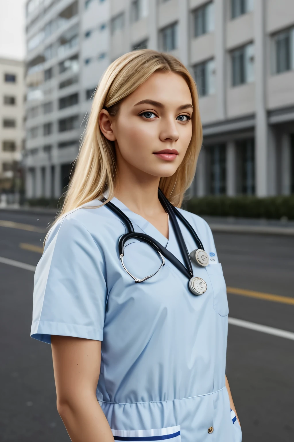 1 girl in, 25 years old, long hair, Look at the audience, blonde hair, full body, Detailed face, Detailed eye, Detailed nose, Detailed mouth, Dressed in a blue medical suit. She wears a stethoscope. Stands next to a red and white medical ambulance. Moscow city hospital background realistic, 8k, masterpiece
