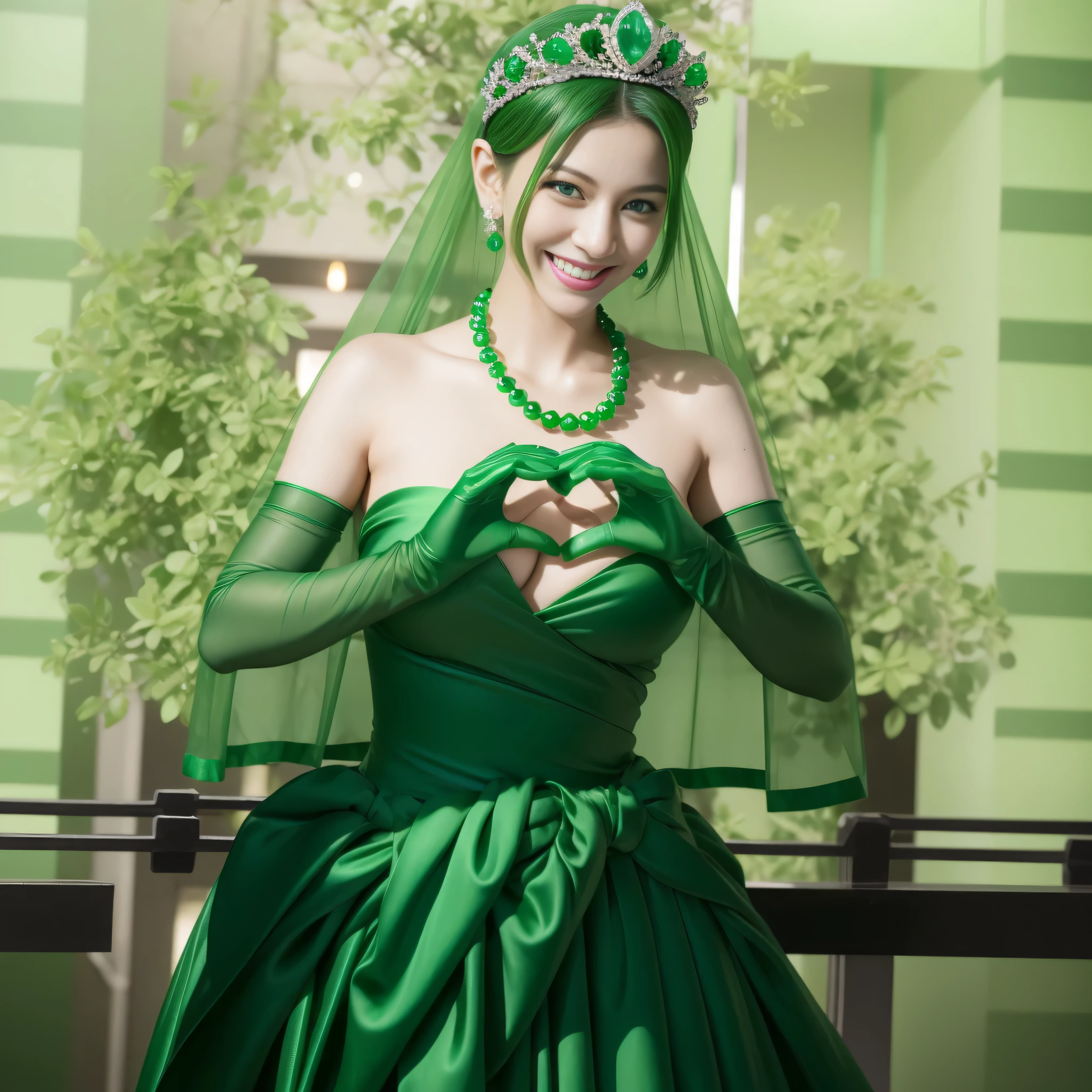 emerald tiara, Green Pearl Necklace, Boyish green berry short hair, lipstick, smiling Japanese woman, very short hair, big breasts beautiful, green eyes, green satin long gloves, green eyes, v sign, emerald earrings, Green veil, green lip gloss