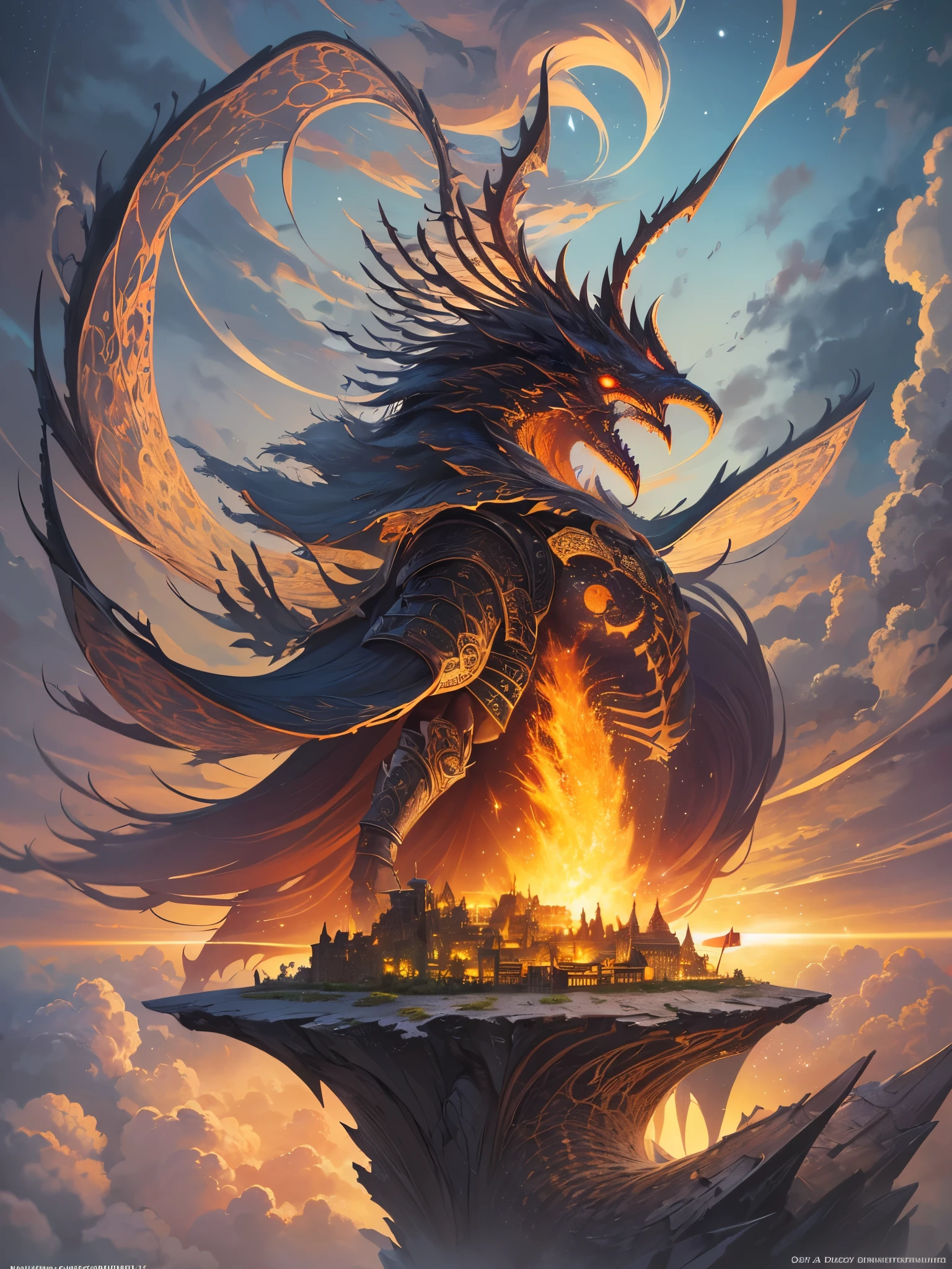 ((highest quality)),(ultra high resolution),(Super detailed),(detailed description),((best CG)),(best work of art),super precision art,amazing drawing art,(Fantasy art with precise details:1.5), The black sun is rising in this world、flame burns the clouds。The earth is cracked and a strangely shaped tree々is overgrown。
