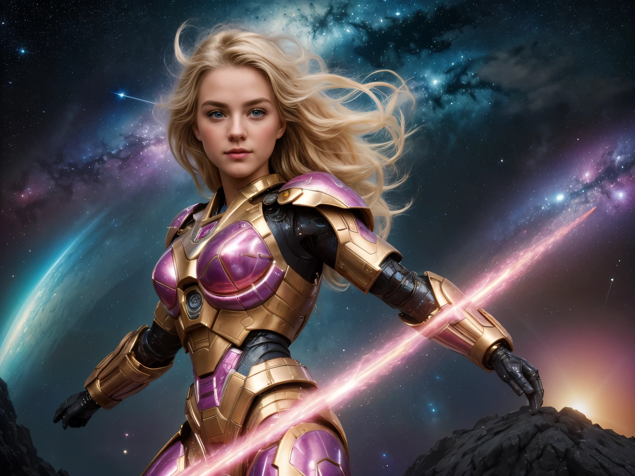 (best quality,4k,8k,highres,masterpiece:1.2),ultra-detailed,(realistic,photorealistic,photo-realistic:1.37),A hero from another world,cute blond,beautiful detailed eyes,beautiful detailed lips,extremely detailed eyes and face,long eyelashes,pink lace,mecha,space,hot,full length,shiny armor,glowing energy sword,heroic pose,futuristic setting,vibrant colors,celestial background,cosmic lighting,adventure,fearless,protecting the universe, head to toe, full length picture