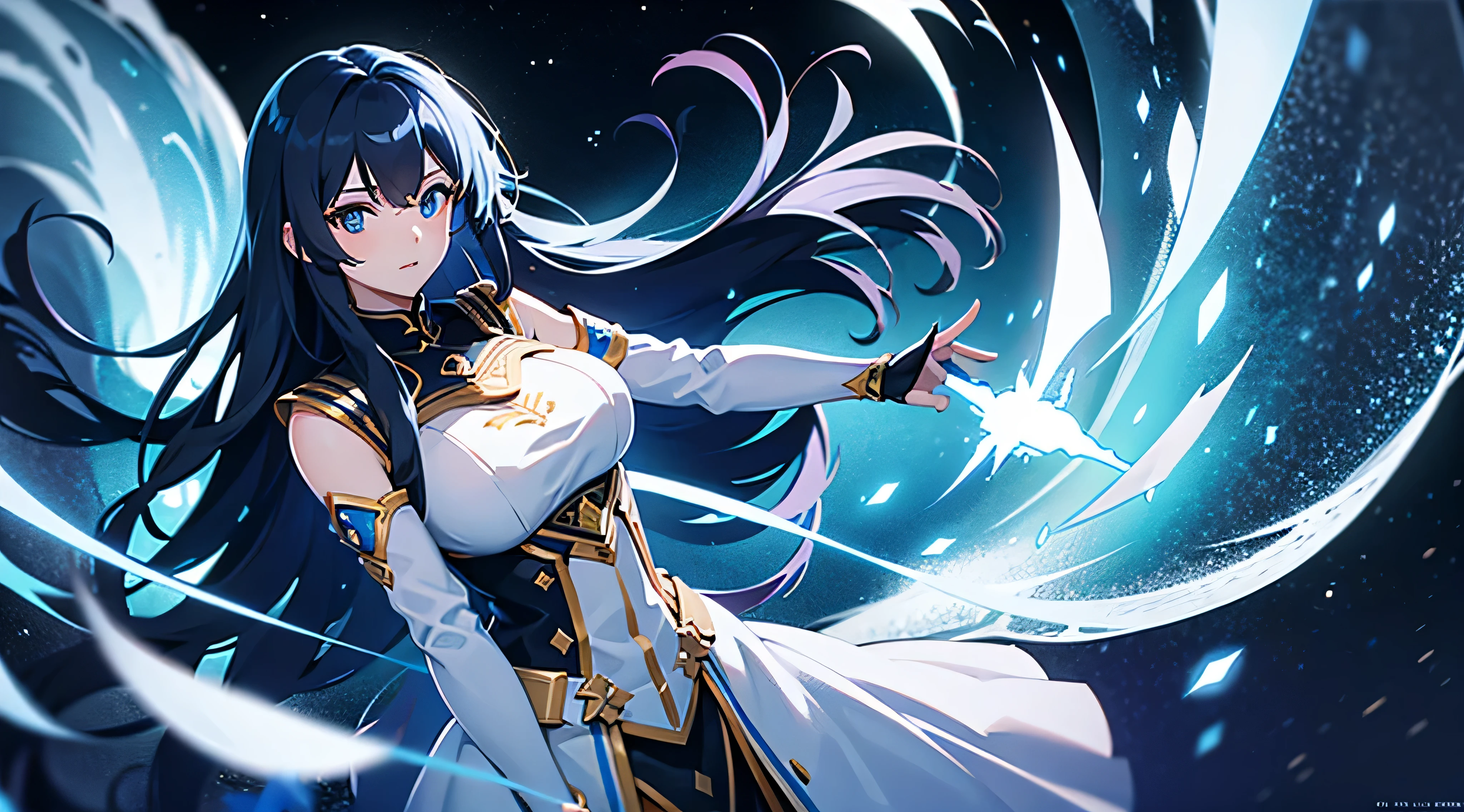 colorful, 1girl, mature, black glasses, grin, black hair, blue eyes, medium breast, staff, holding a staff, blue rain, glow, glowing weapon, water particles, mage uniform, wallpaper, chromatic aberration,