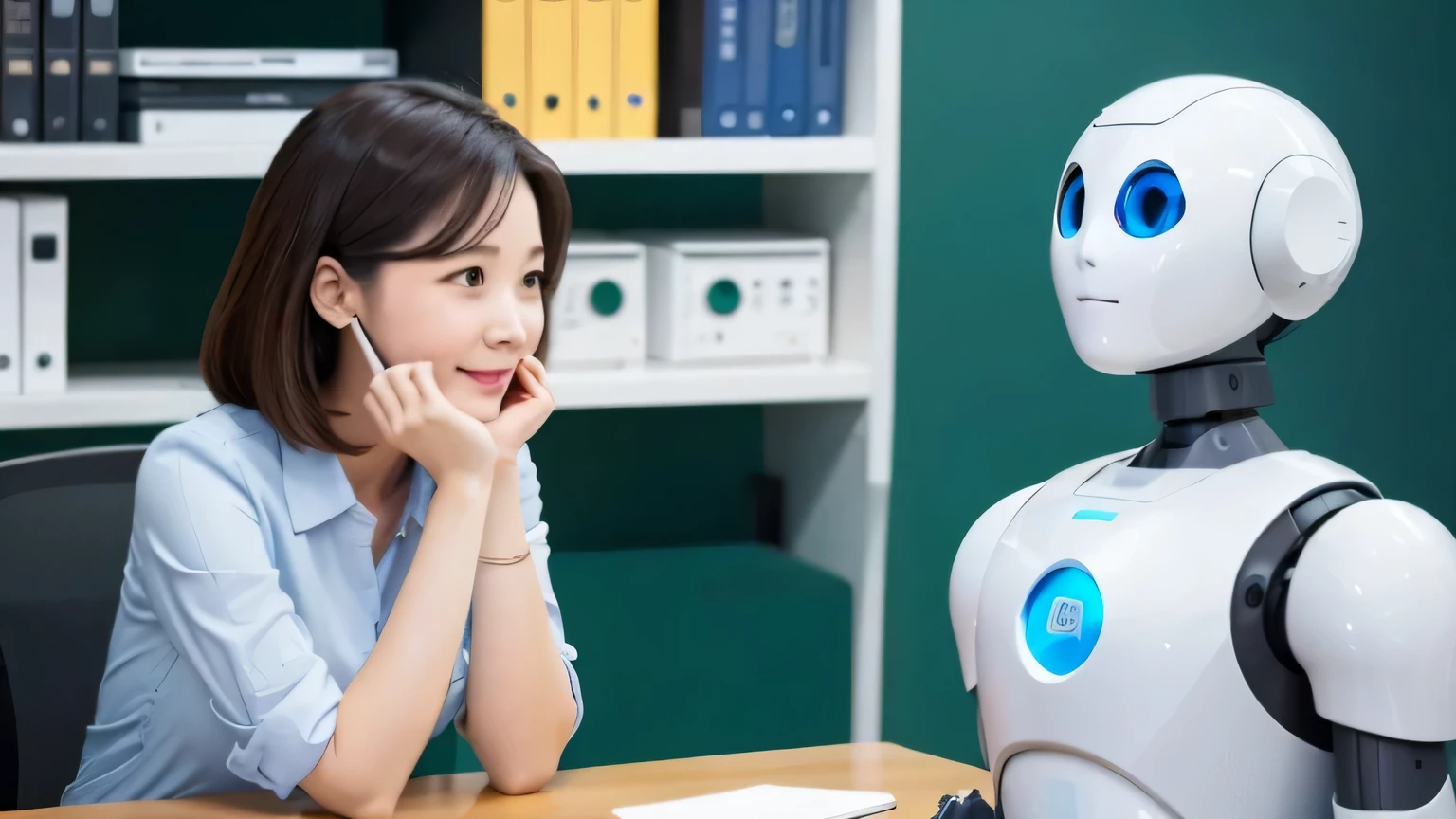 a cute office lady is talking to a robot.