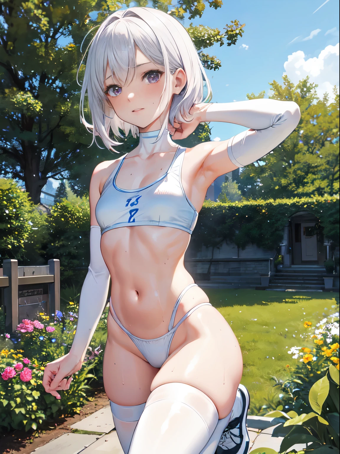 1 girl, Perfect body,Slim, , pale skin, garden, running,exercise well,The light is shining,A girl with short white hair and a tight white thong,Pink skin under thong,There is a white fluid in the abdomen,armpit,Beautiful anime girl with exposed collarbone, Anime Barbie wearing white knee-high stockings, pretty face,small breasts,Wear a white sports bra,Expose lower breasts, smooth pink skin,marks of strangulation,sweating,wet,(facial)Smile,Crowds of people behind