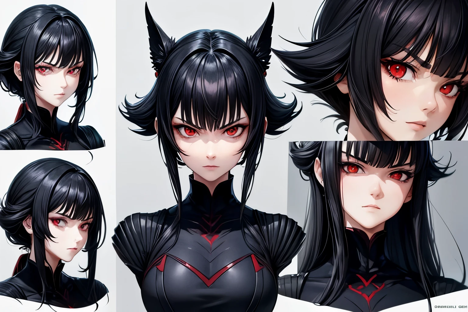 ((best quality)), ((work of art)), (detailed), perfect face, model sheet, black hair, red eyes, villain, serious expression, villain pose, anime girl.