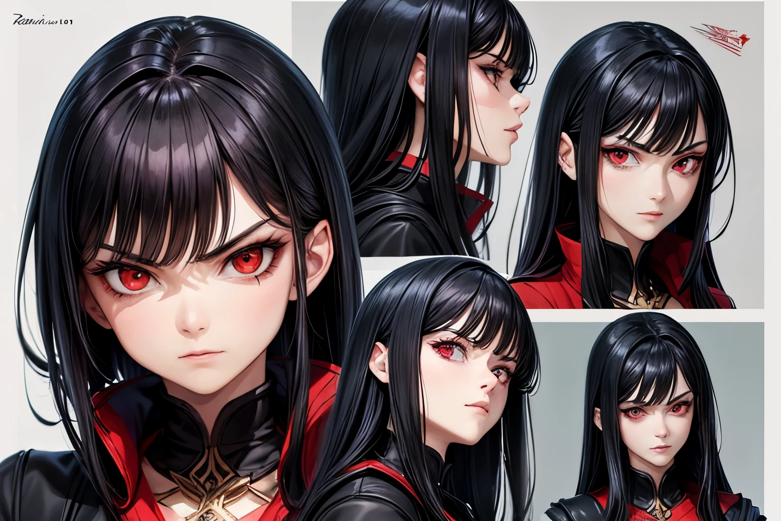 ((best quality)), ((work of art)), (detailed), perfect face, model sheet, black hair, red eyes, villain, serious expression, villain pose, anime girl.