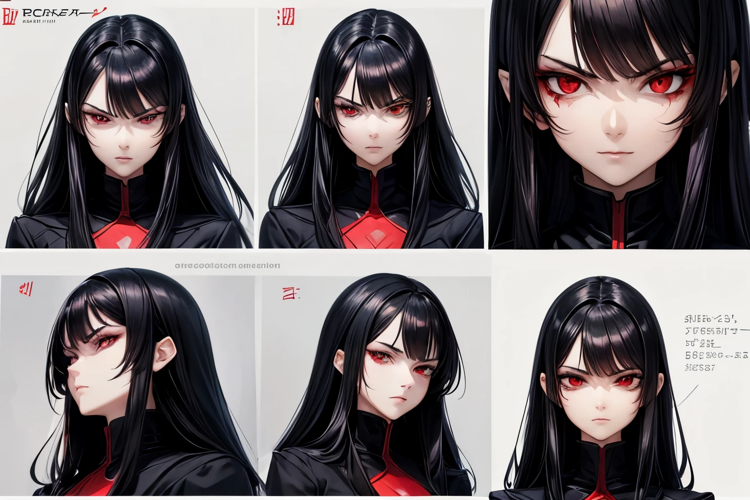 ((best quality)), ((work of art)), (detailed), perfect face, model sheet, black hair, red eyes, villain, serious expression, villain pose, anime girl.
