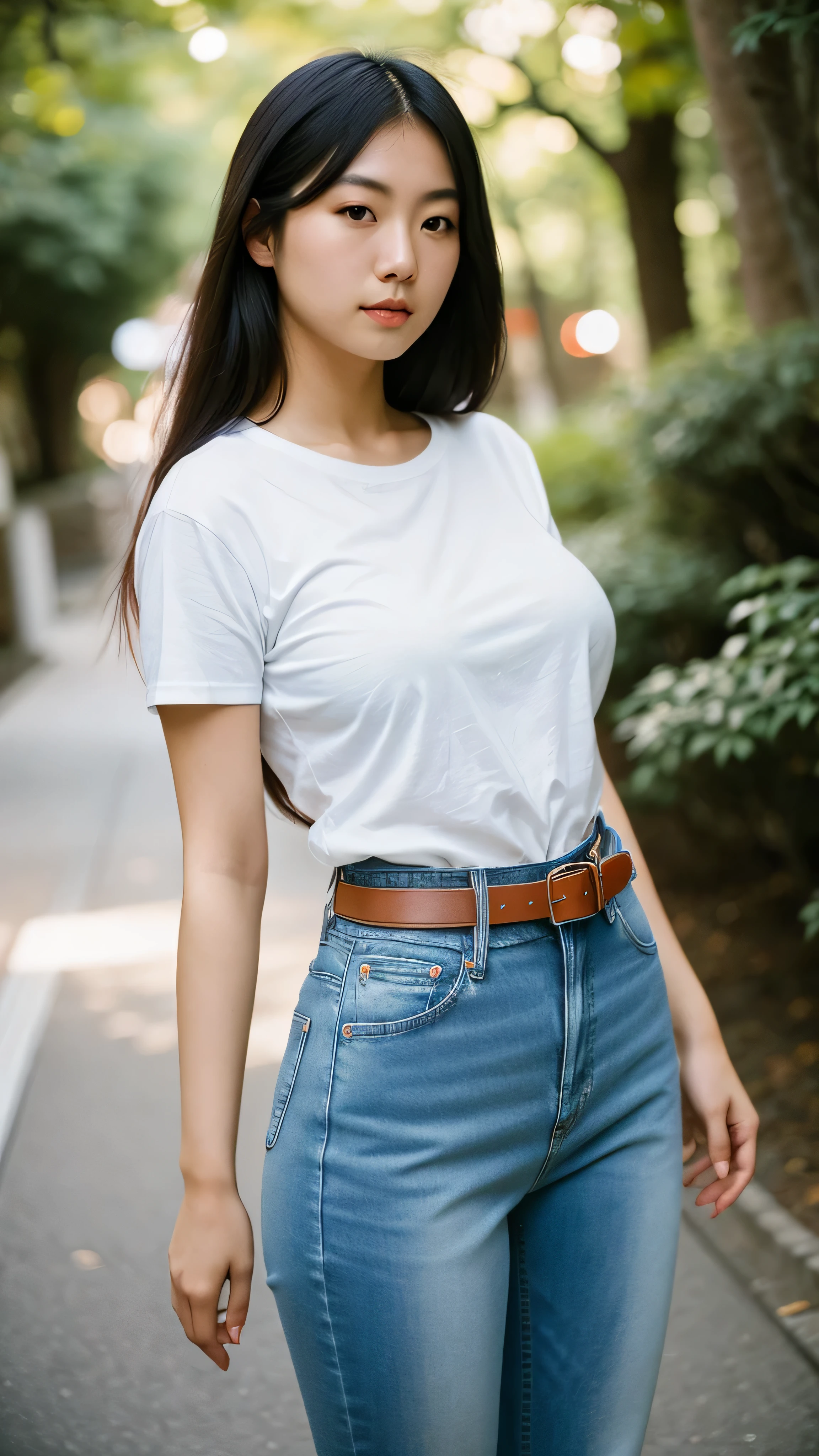 Photograph of a Beautiful 23 year old Japanese woman, big breasts, tight white t-shirt with Neverland across the front, tight blue jeans, big black belt, long hair, full body, walking, perfect eyes, Porta 160 color, shot on ARRI ALEXA 65, bokeh, sharp focus on subject, 