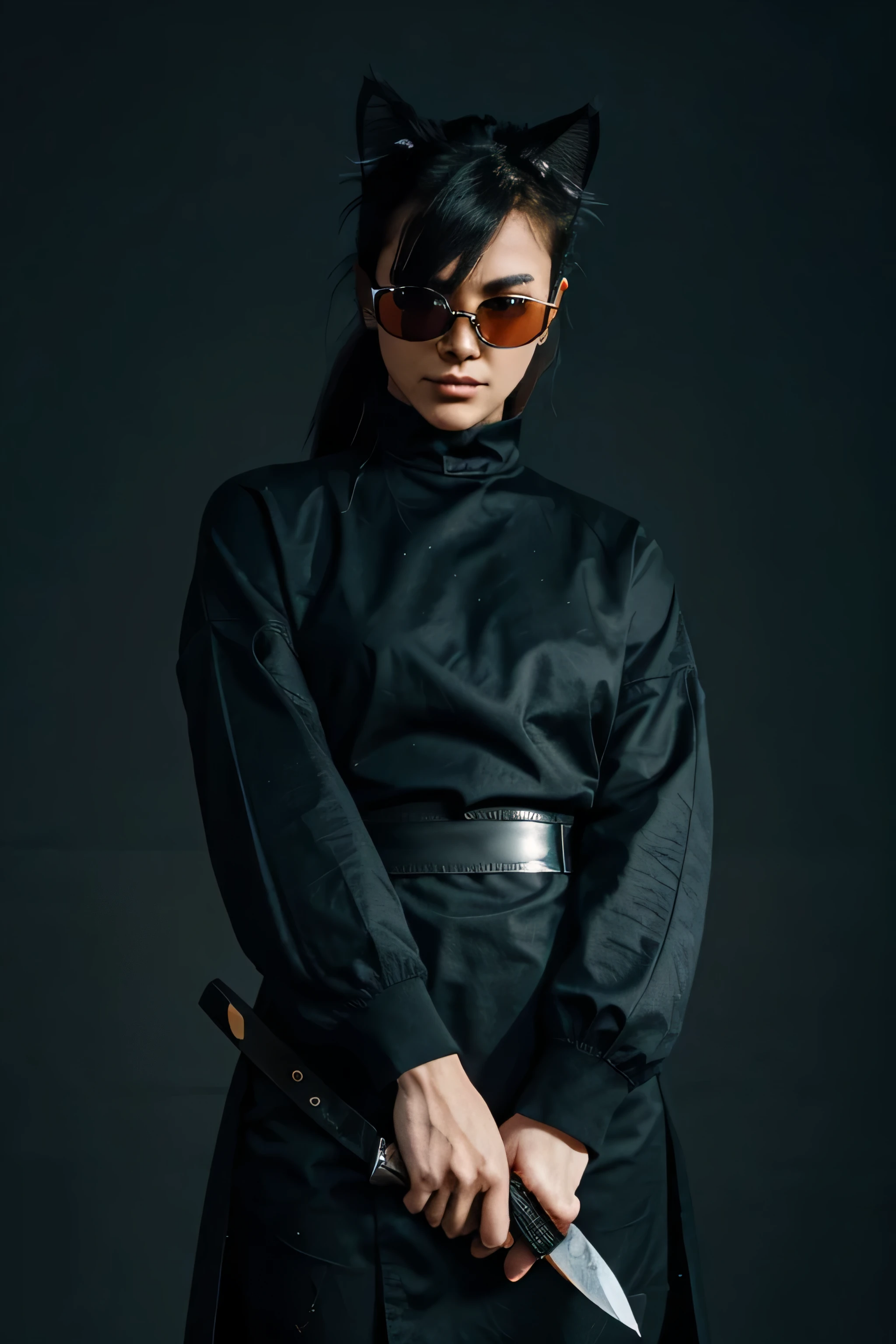 angle view , distance from view, a long distance away from the camera, Silhouette, Distant figure, Outline, Vague shape, Distant landmark, Distant person, Small figure, Far-off person, Minimal detail, Figure in the distance, a ((A stylish fierce ninja cat with sunglasses holding a Knife with blood on it)) , adorned in a heavy suit of armor, stands tall against a vibrant blue background. Its piercing gaze is enhanced by a pair of sleek glasses, giving off strong NFT vibes.