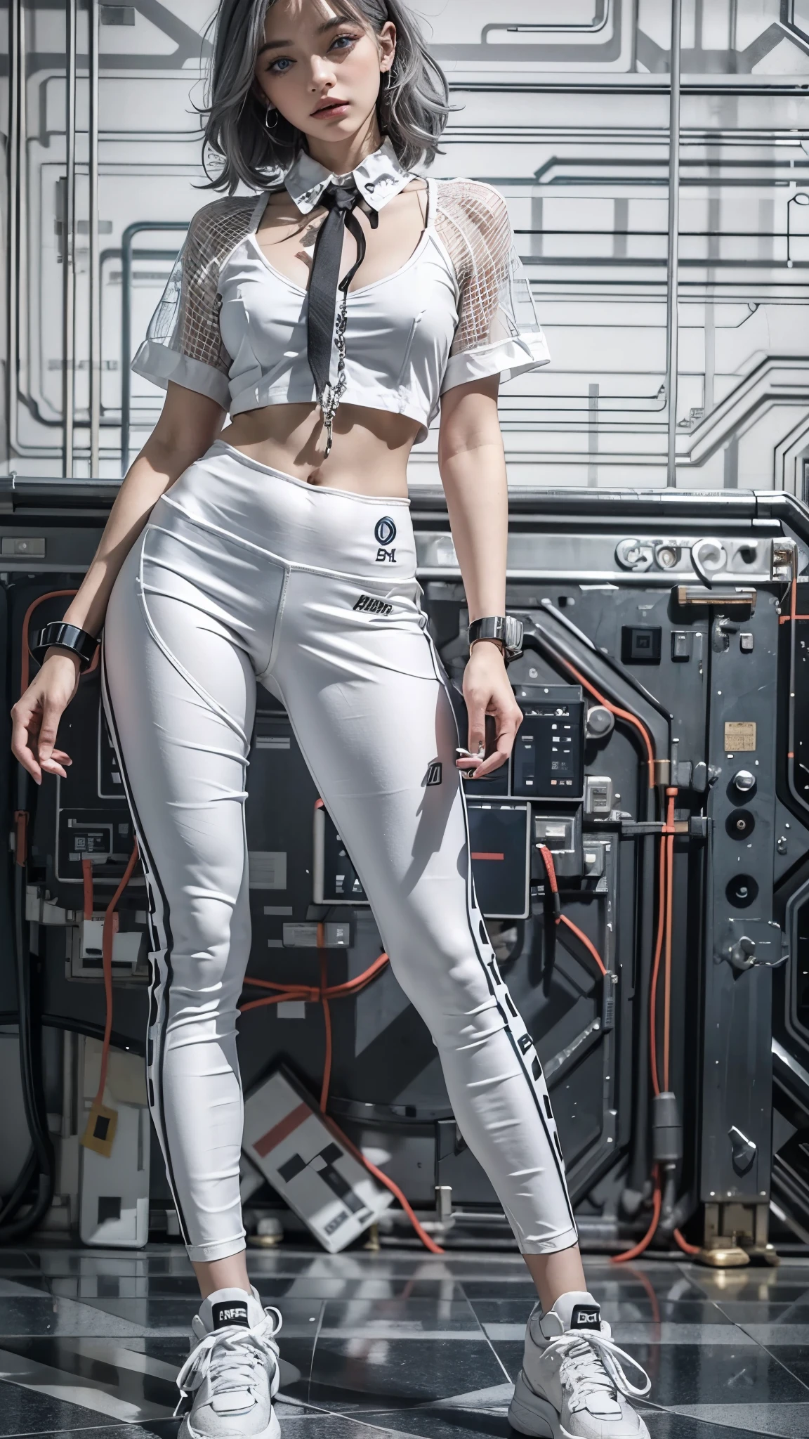 (fashion brand collection, beautiful grid, catalogue, multiple wear:1.6), highly detailed, beautiful, masterpiece, best quality, Geometric style, abstract beauty,1 girl, (all body shot, standing and posing:1.3), approaching perfection, digital painting, artstation, (concept art:1.3), illustration, white and black colors, Geometric patterns, abstract forms, Complex, surreal, (Artistic complicated background), BREAK (cyberpunk spring fusion:1.2), (futuristic monochrome style:1.2),
BREAK
(black high-collar blouse with shirt hem peeking out:1.2), (edgy cyberpunk detail:1.2),
BREAK
(white 7/8 length leggings:1.2), (streamlined design:1.2),
BREAK
(black chunky platform high-top sneakers:1.2), (bold urban style:1.2),
(ns:1.4), (revealing outfit:1.3),(gray hair, blue eyes:1.4),