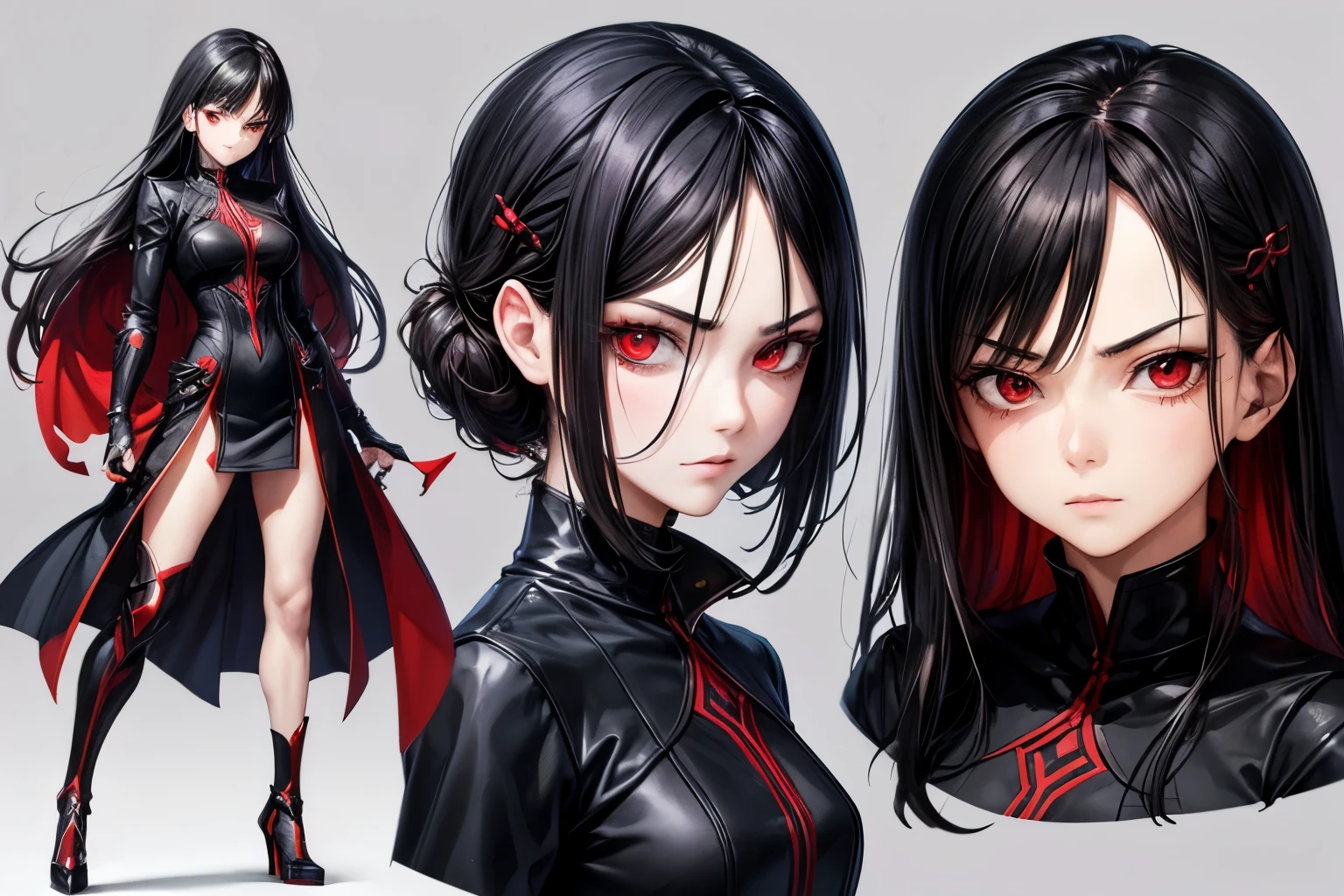 ((best quality)), ((work of art)), (detailed), perfect face, model sheet, black hair, red eyes, villain, serious expression, villain pose, anime girl.full body