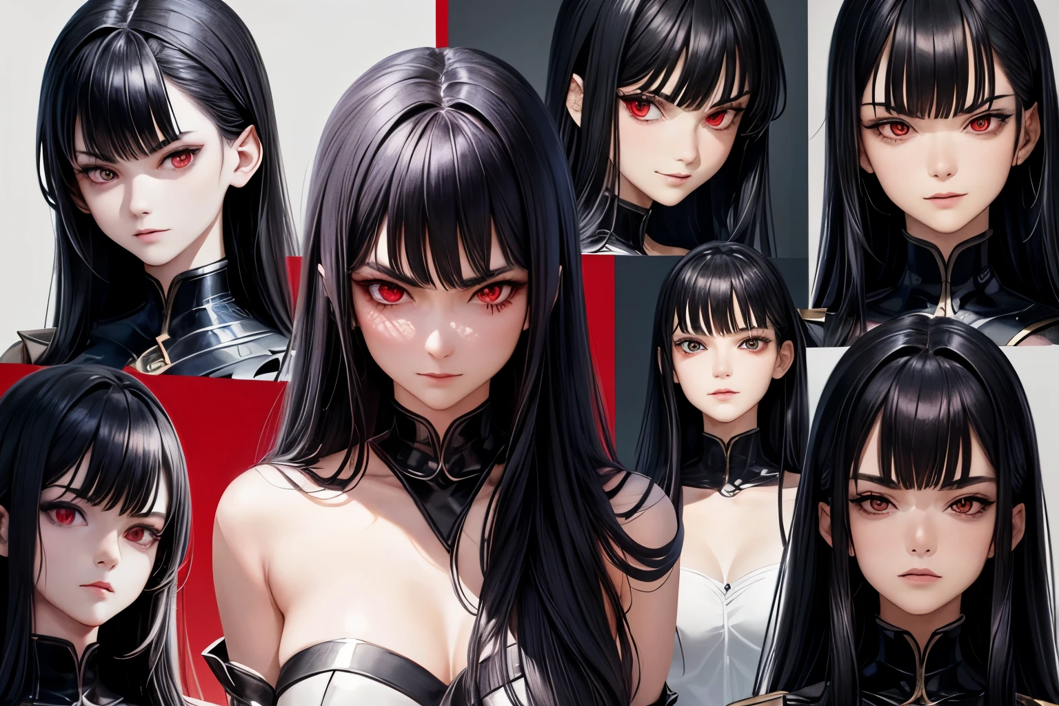 ((best quality)), ((work of art)), (detailed), perfect face, model sheet, black hair, red eyes, villain, serious expression, villain pose, anime girl.full body