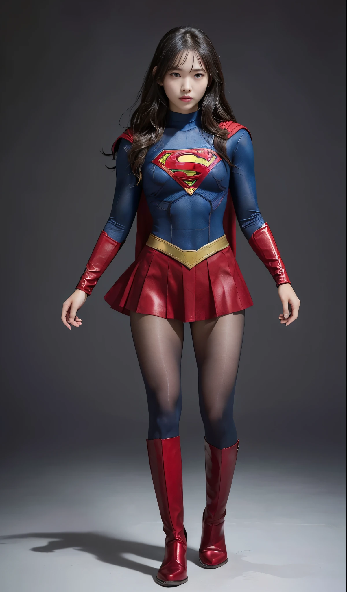 no background、(((Wear black tights on your beautiful legs.)))、(((Legally Express Your Suffering Beauty)))、((((Make the most of your original images)))、(((supergirl costume)))、(((beautiful hair)))、(((suffering)))、(((Black tights must be worn on the legs)))、(((must wear red boots)))、((best image quality、8K))、((highest quality、8K、masterpiece:1.3))、(((keep background )))、sharp focus:1.2、beautiful woman with perfect figure:1.4、thin abs:1.2、wet body:1.5、Highly detailed face and skin texture、8K