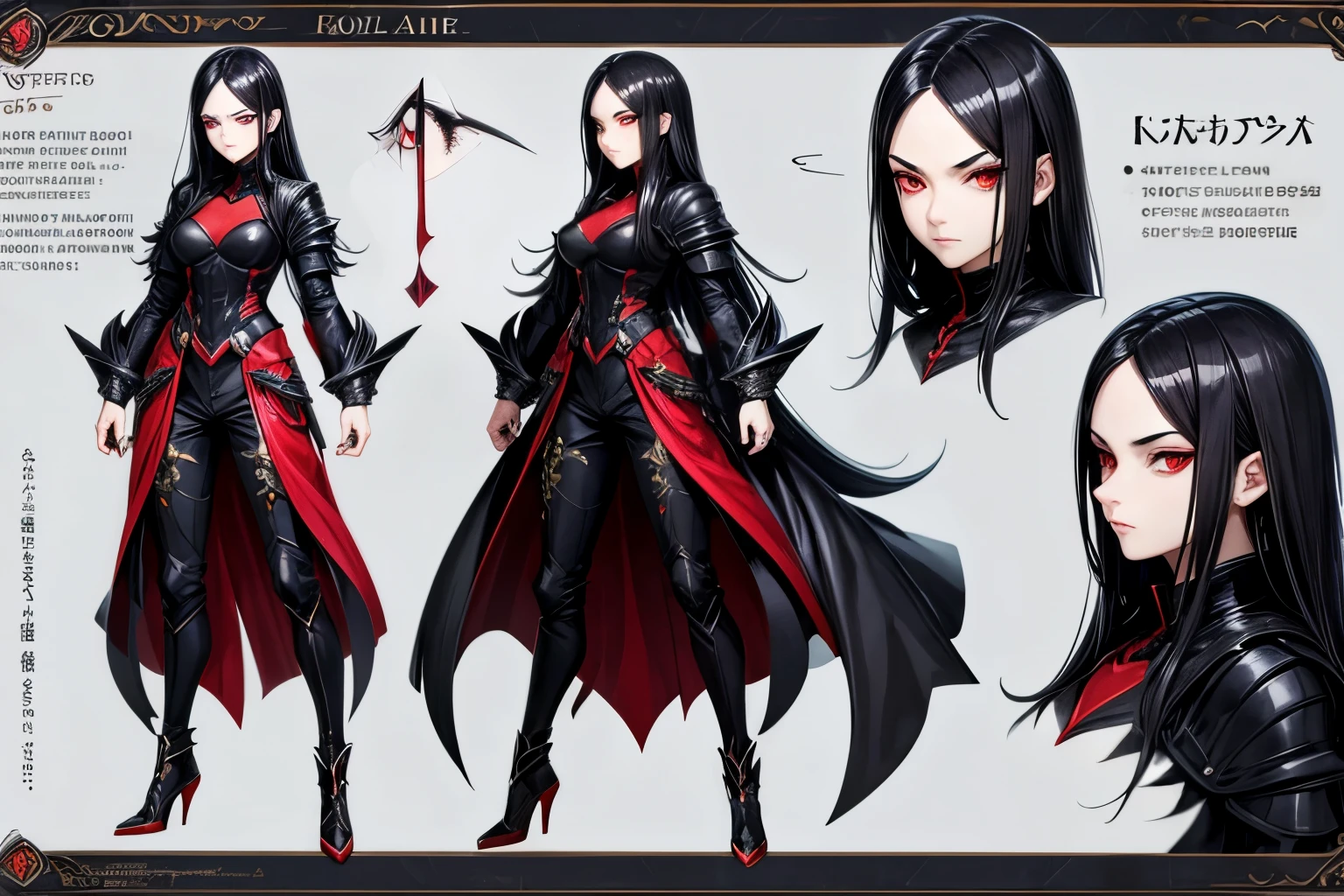 ((best quality)), ((work of art)), (detailed), perfect face, model sheet, black hair, red eyes, villain, serious expression, villain pose, anime girl.full body