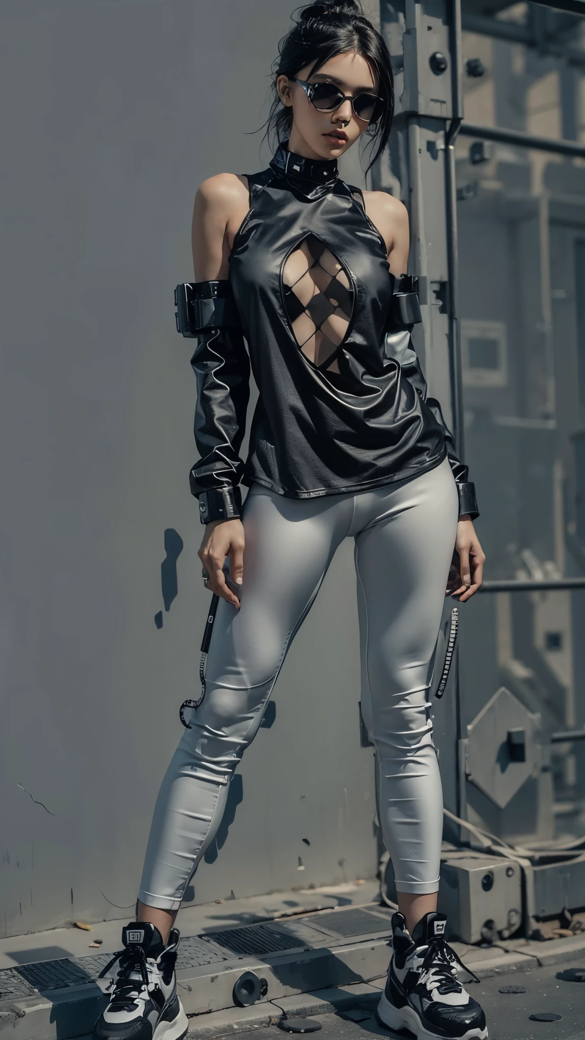 (fashion brand collection, beautiful grid, catalogue, multiple wear:1.6), highly detailed, beautiful, masterpiece, best quality, Geometric style, abstract beauty,1 girl, (all body shot, standing and posing:1.3), approaching perfection, digital painting, artstation, (concept art:1.3), illustration, white and black colors, Geometric patterns, abstract forms, Complex, surreal, (Artistic complicated background), BREAK (cyberpunk spring fusion:1.2), (futuristic monochrome style:1.2),
BREAK
(black high-collar blouse with shirt hem peeking out:1.2), (edgy cyberpunk detail:1.2),
BREAK
(white 7/8 length leggings:1.2), (streamlined design:1.2),
BREAK
(black chunky platform high-top sneakers:1.2), (bold urban style:1.2),
(ns:1.4), (revealing outfit:1.3)