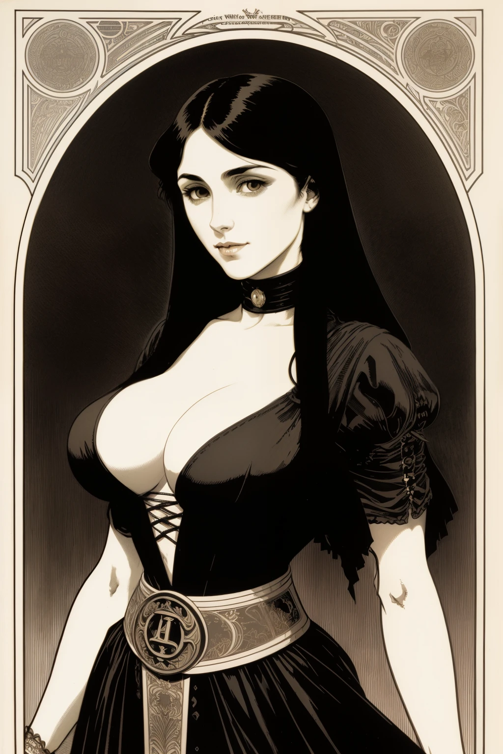 a waist high portrait of a female bar winch, big breasts, cleavage,  amazing body, village city background, magic, Gothic, evil, occult, dark, disease, depressing,  style of Paul Furst engraving, Adrian Smith, Alphonse Mucha, [[rutkowski]]