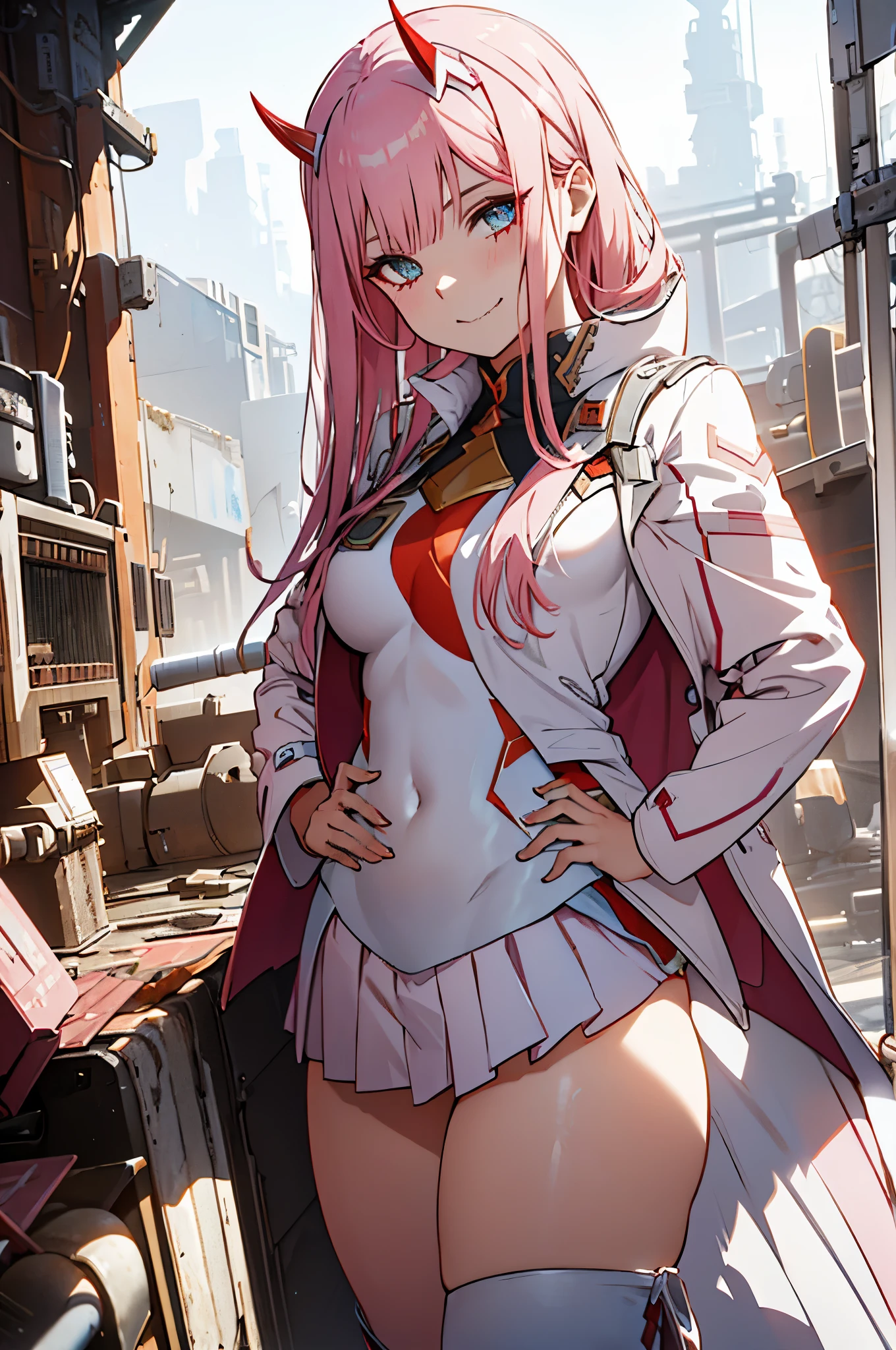 beautiful illustration、top-quality、Cute  s、bedroom、pink-haired、lenght hair, red color eyes、test tube in hand、((pink pleated skirt)), (((white coat))), clothes covering full body、shortsleeves、a navel、bare-legged、on the beds、lovely thighs、glowing thigh, 1girl, bangs, biting, blush, covered navel, eyeshadow, hair behind head, hand on hip, smile, long hair, looking at viewer, makeup, pilot suit, red eyeshadow, science fiction, skin tight, solo, ((masterpiece)),camel toe, (breast:0.6), 8k, (thick thighs:1.3), beautiful, trap, futa, zero two, small horns