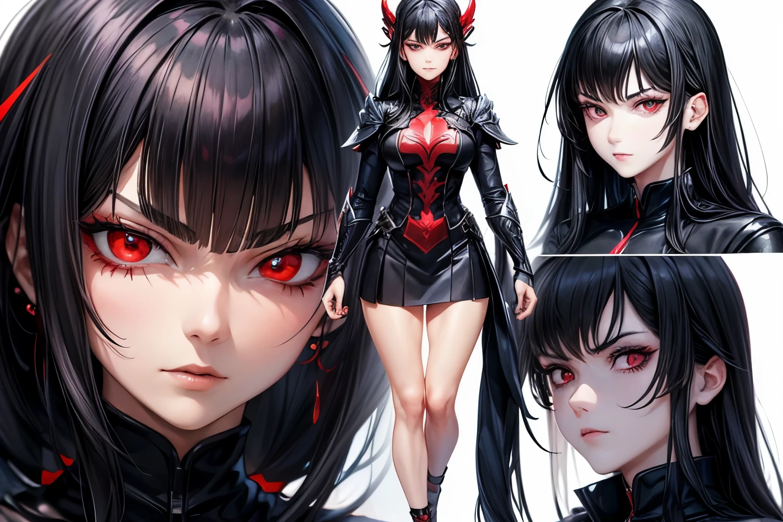 ((best quality)), ((work of art)), (detailed), perfect face, model sheet, black hair, red eyes, villain, serious expression, villain pose, anime girl.full body 