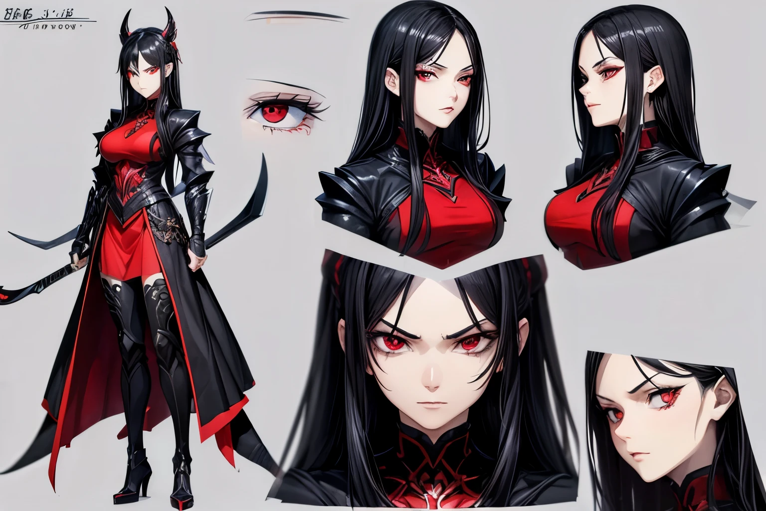 ((best quality)), ((work of art)), (detailed), perfect face, model sheet, black hair, red eyes, villain, serious expression, villain pose, anime girl.full body