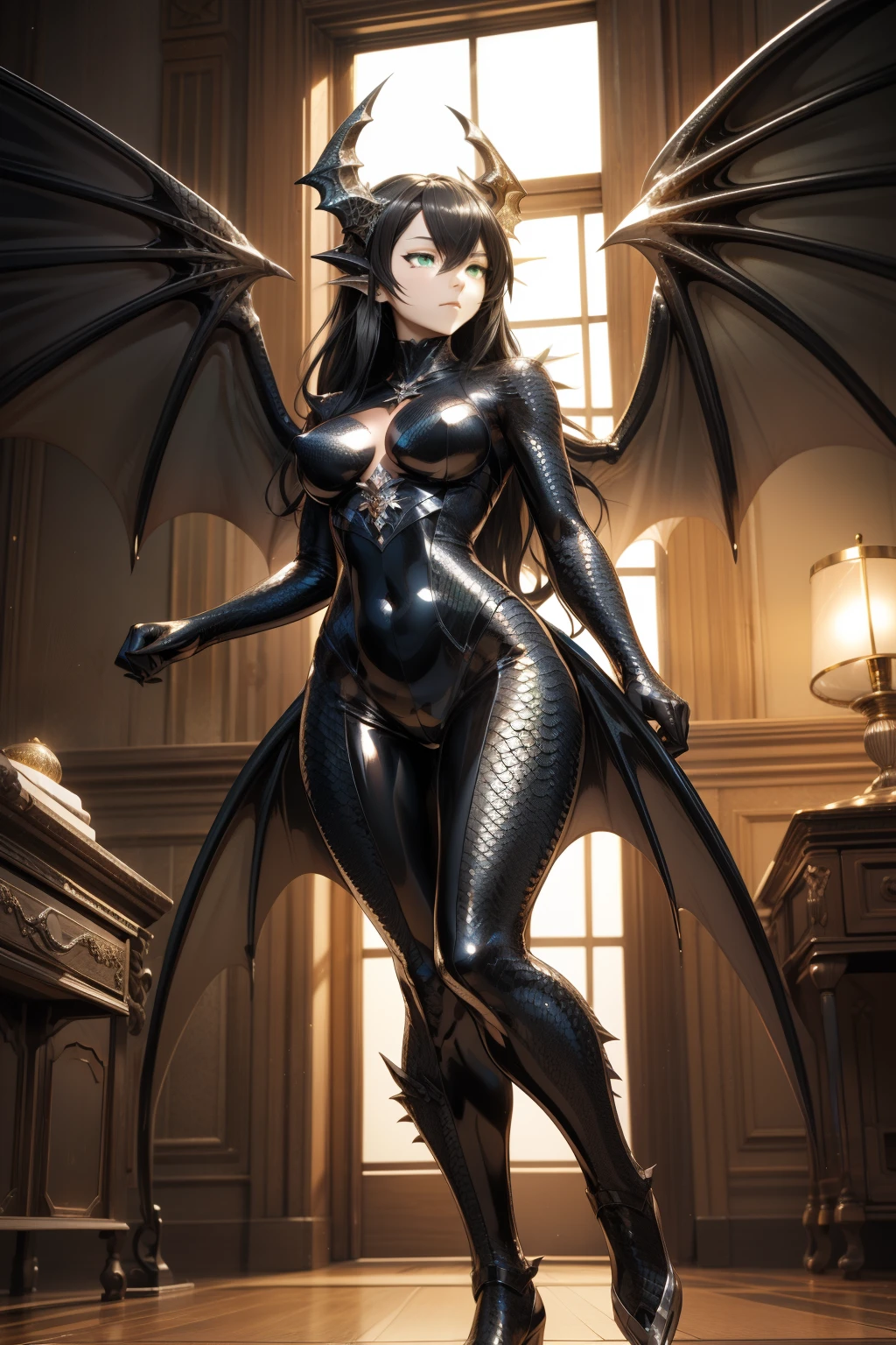 (platinum half dragon), long black, metallic silver Wings, humanoid face, (metallic silver scales), silver scales covering all parts of her body except her face, She has a pert D cup bust, Her extremely long ebony black wavy locks and falls to bellow her lower back. They have green eyes. They are four foot eight inches tall, 4'8" tall, (body curvy), extremely long black hair, dragon girl, silver dragon scales, woman, antrum, 1girl, Alone, delicate body, slender body, long hair, wings, dragon wings, anime style, high quality, best quality, flaking skin, in a realistic style room, scales, dark scales, leg with scales on the thigh, arms with scales, face with scales, dark skin, scaly skin, textured scales