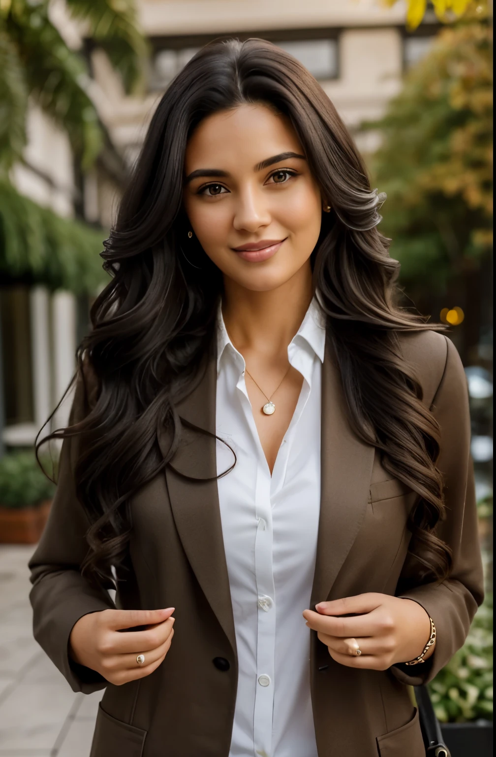 1 adult woman, long hair, curly hair, black hair color, smooth skin, Brown eyes, smile, vegetation, random, Business woman style clothing, Light brown jacket, realist, with experience working in a fashion restaurant, 8k super realist, super detalhado e realist