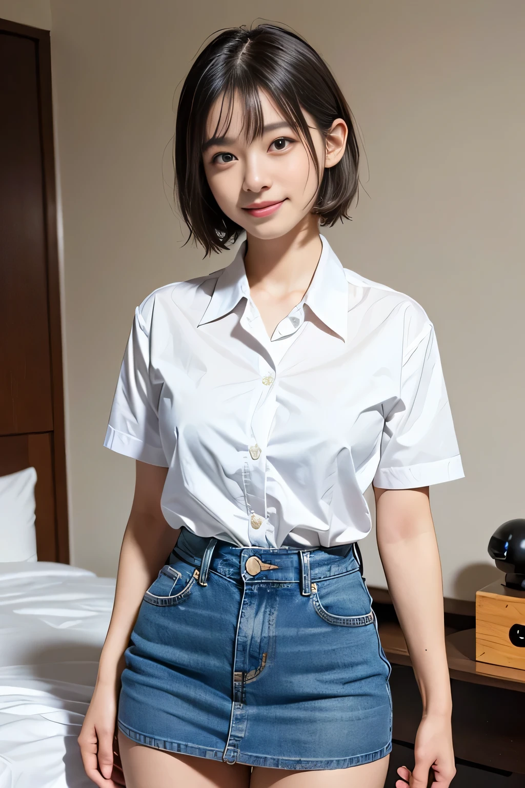 (8k,RAW photo、RAW photo、highest quality、master masterpiece:1.2)、Super detailed、super resolution、(Photoreal:1.3)、((Cowboy shot from the front:1.4))、Clearly depicts the shadows of light、High resolution RAW color photos、professional photos、((hotel bedroom:1.4))、I draw it faithfully to the anatomy..、((udder of medium size,,,:1.4))、very detailed and beautiful、super high quality、((Boyish Hairstyles:1.4))、((Women with extremely short hair:1.4))、van beautiful girl、((White collar short sleeve cutter shirt:1.4))、((white unitone cut shirt:1.4))、((Denim miniskirt that highlights your thighs:1.4))、Upper body、((holding a big bag in hand:1.4))、((smile:1.4))、
