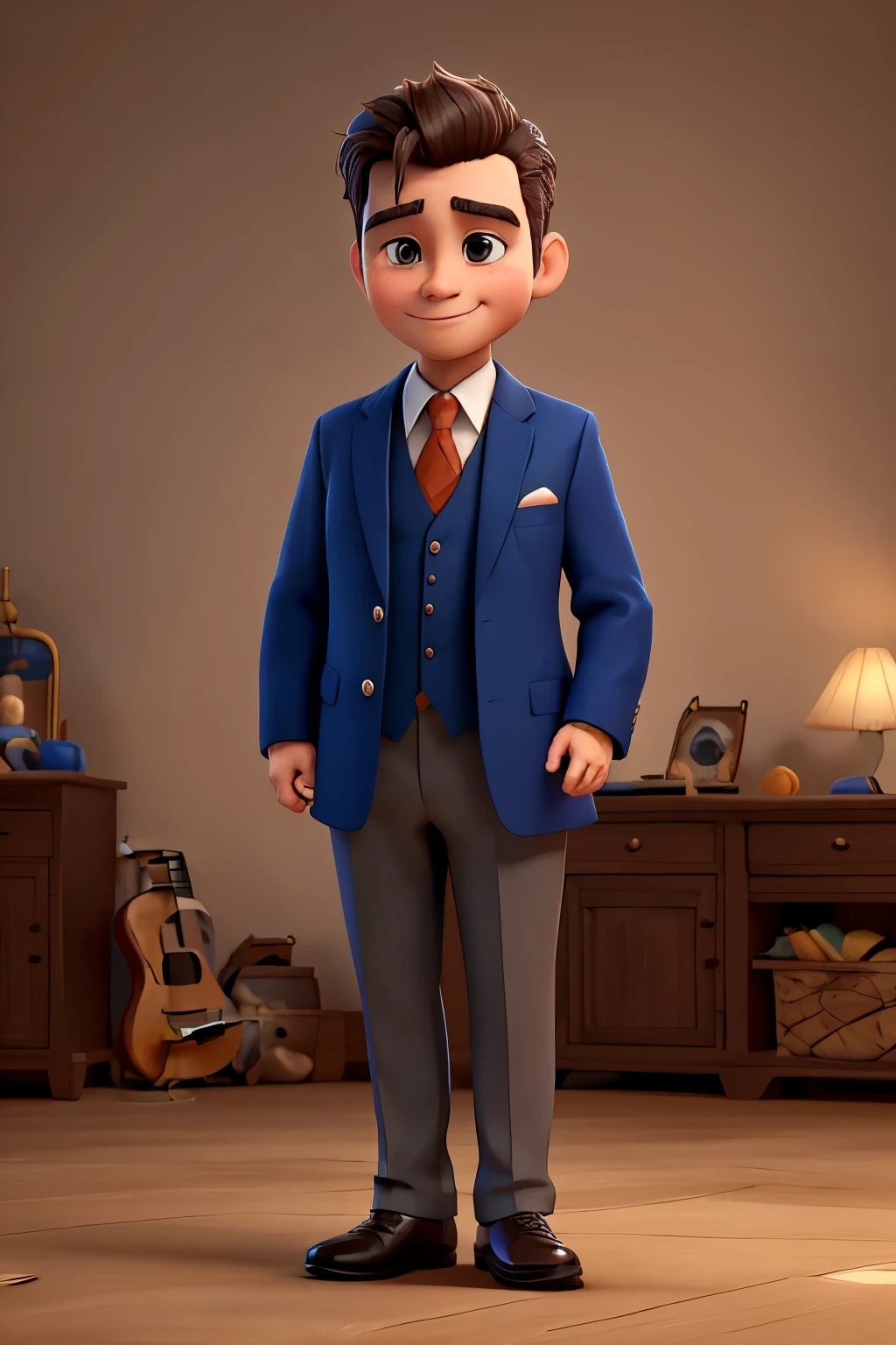 "Handsome, friendly, and happy 35-year-old man, dressed in formal attire."