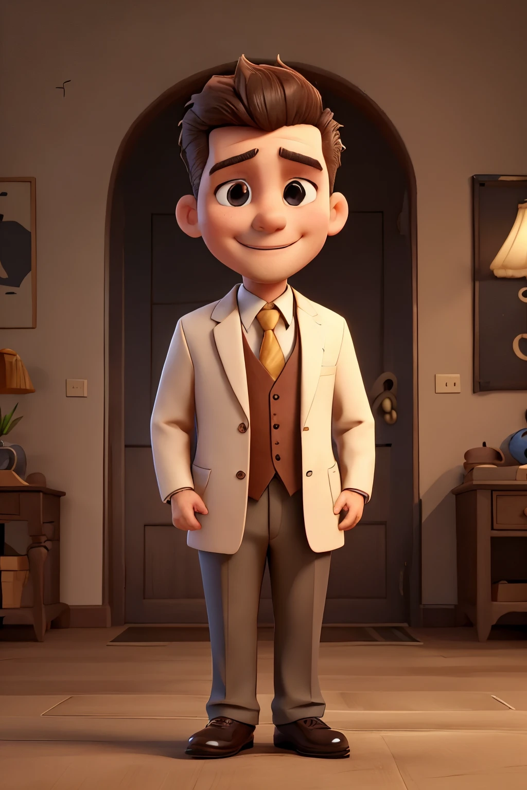 "Handsome, friendly, and happy 35-year-old man, dressed in formal attire."