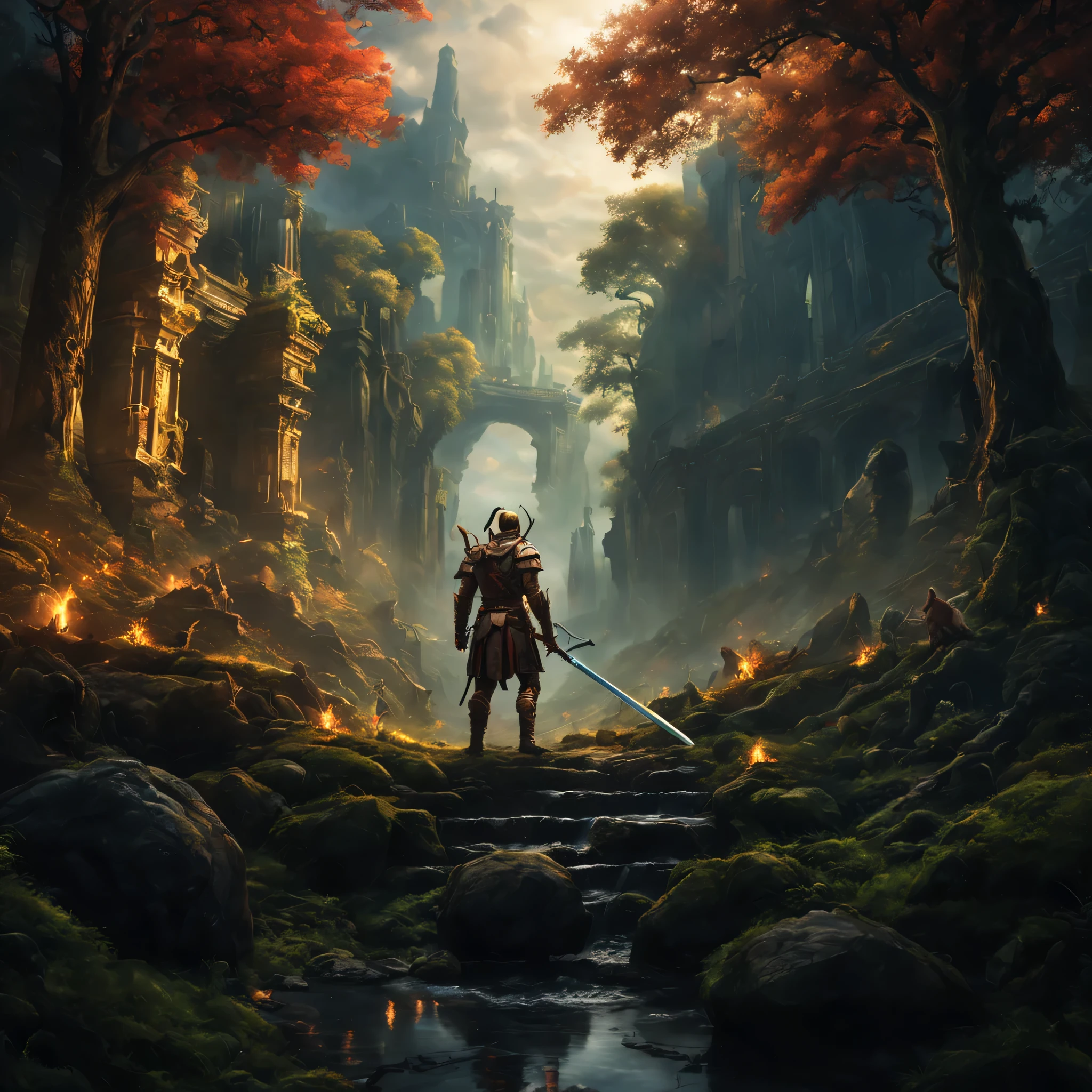 (best quality,4k,8k,highres,masterpiece:1.2),a warrior from an unknown realm,ancient warriors in a mystical land,elegant armor and weapon,otherworldly hero,courageous protagonist,heroic stance,unearthly power,sword of destiny,mythical creatures lurking in the shadows,spellbinding atmosphere,enchanted forest,hidden ruins of an ancient civilization,magical artifacts,hero facing adversity,brave heart and fearless soul,world with vibrant colors and vivid details,impressive lighting and shadows,epic battles against evil forces,ethereal beauty in the midst of chaos,awe-inspiring landscapes with breathtaking views,hero on a quest to save the world,unforgettable journey to the unknown,unique and captivating story,grandiose and majestic.