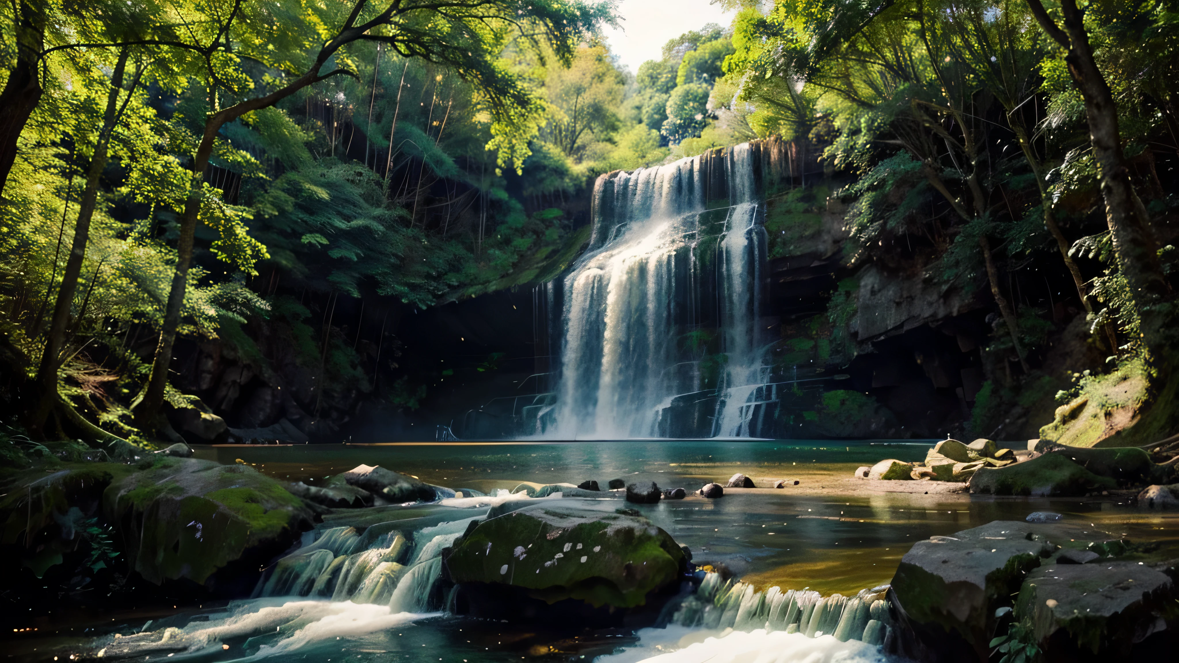 Create a dream landscape, con mucha naturaleza, trees and waterfalls.
