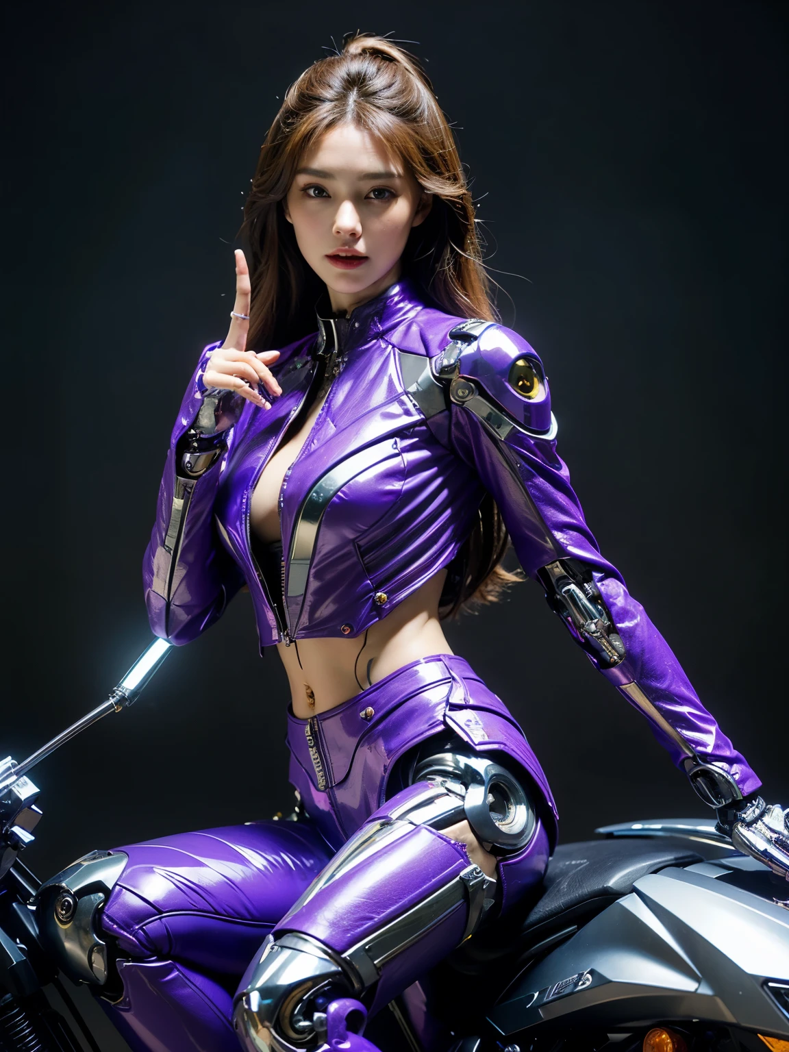 ((best quality)), ((masterpiece)), ((perfect face))、(detailed motorcycle)、Detailed and clear photos、((Cyborg Woman))、((Light purple long sleeve riding jacket and leather pants))、((posing next to a motorcycle))、((cybernetics))、slender body、((Woman with mechanical body))、communication headset、(((Metal finger)))、(((The body is mechanized)))