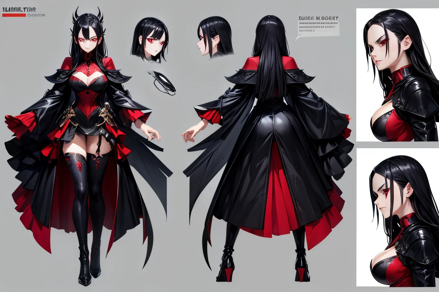 ((best quality)), ((work of art)), (detailed), perfect face, model sheet, black hair, red eyes, villain, serious expression, villain pose, anime girl.full body 