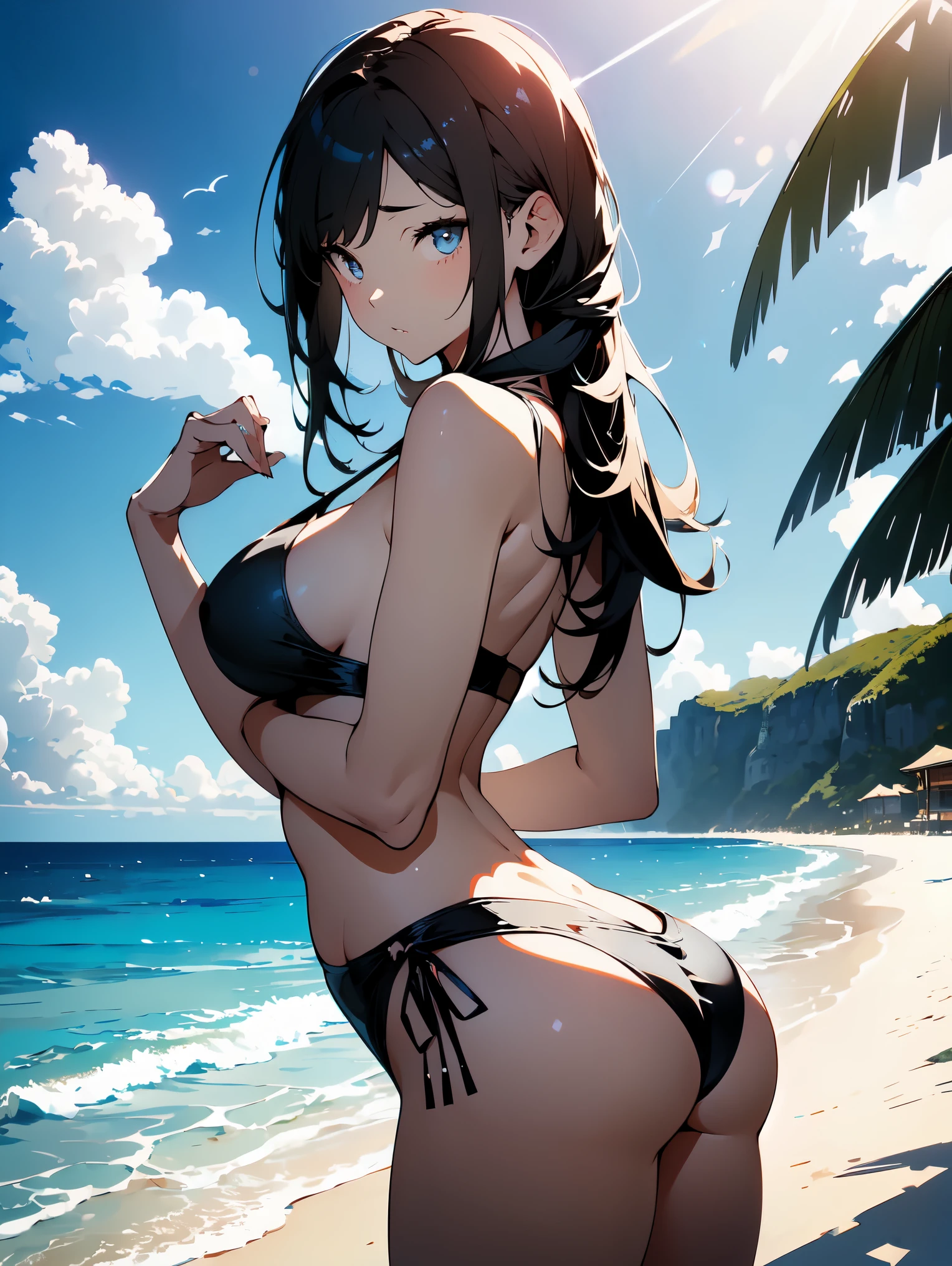 masterpiece、super delicate、Shining eyes、beautiful girl, Wearing a skimpy bikini, facing backwards、She's sticking her big butt out at me on the sandy beach., Do-up ass、Stare at us with a sensual and passionate gaze that invites us.. She leans forward in a sexy pose、sea beach、morning、Sunny